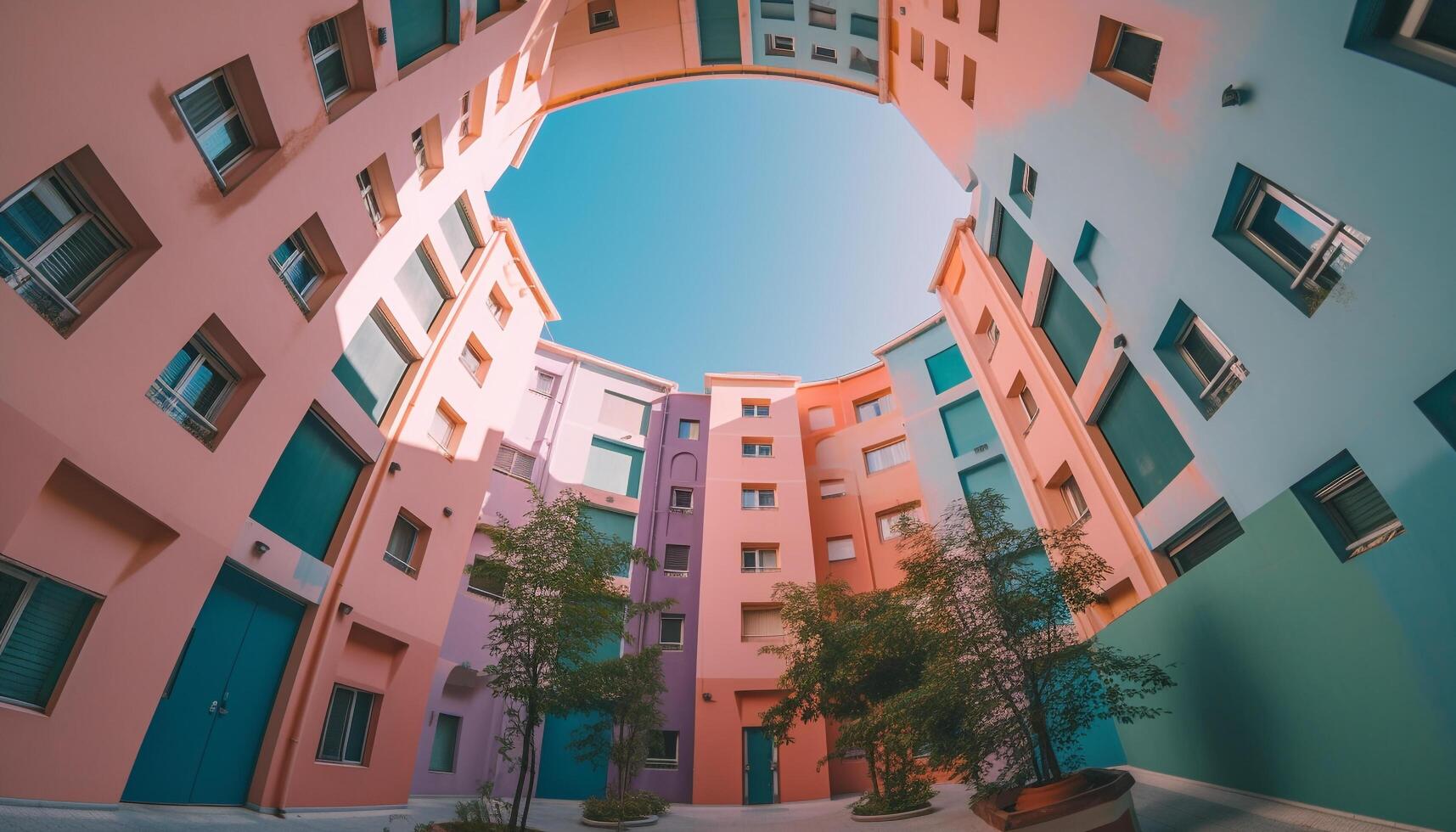 a moderno arranha-céu vidro fachada reflete a Rosa verão pôr do sol gerado de ai foto