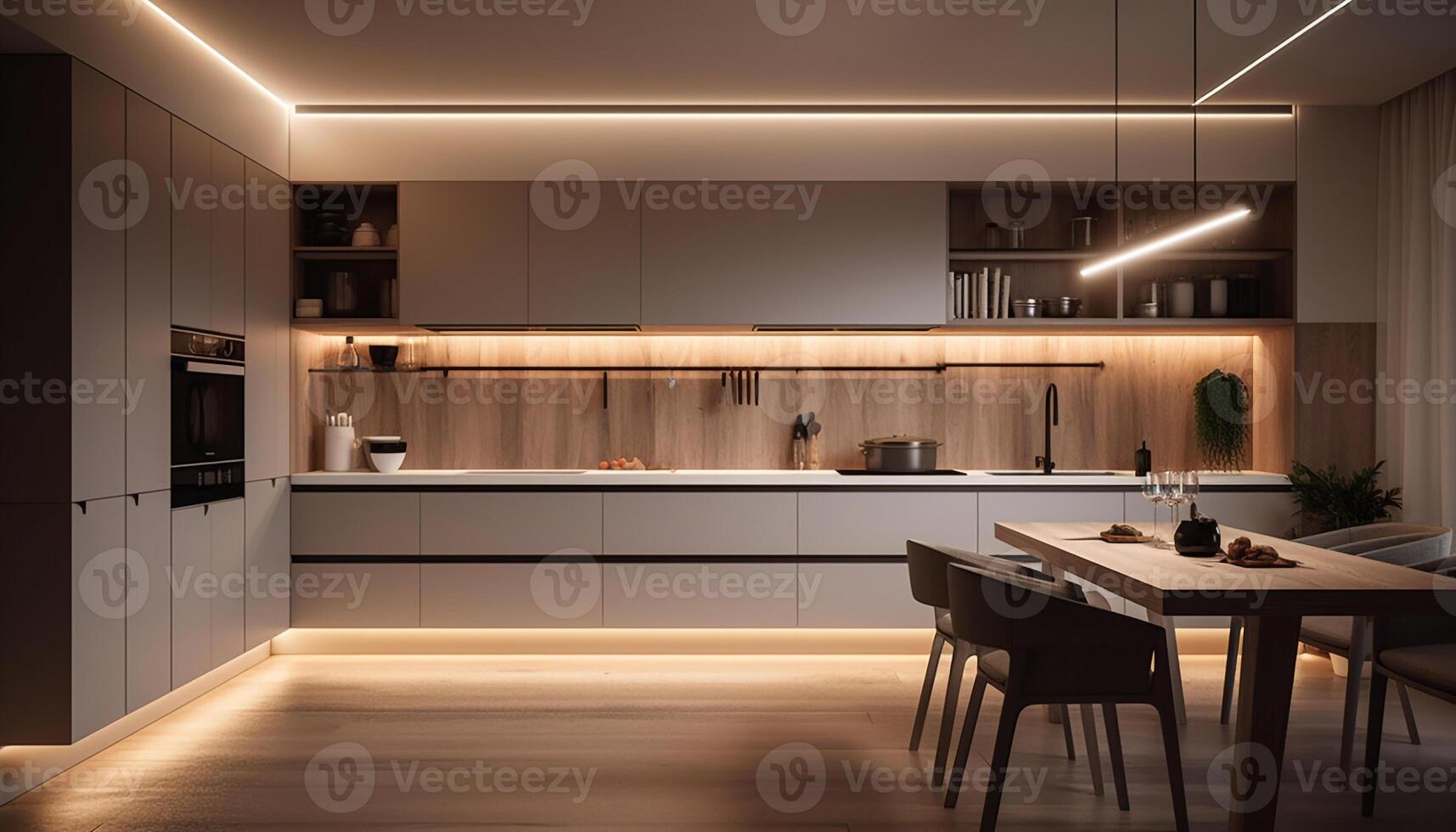 moderno cozinha Projeto com luxo eletrodomésticos e elegante iluminação equipamento gerado de ai foto