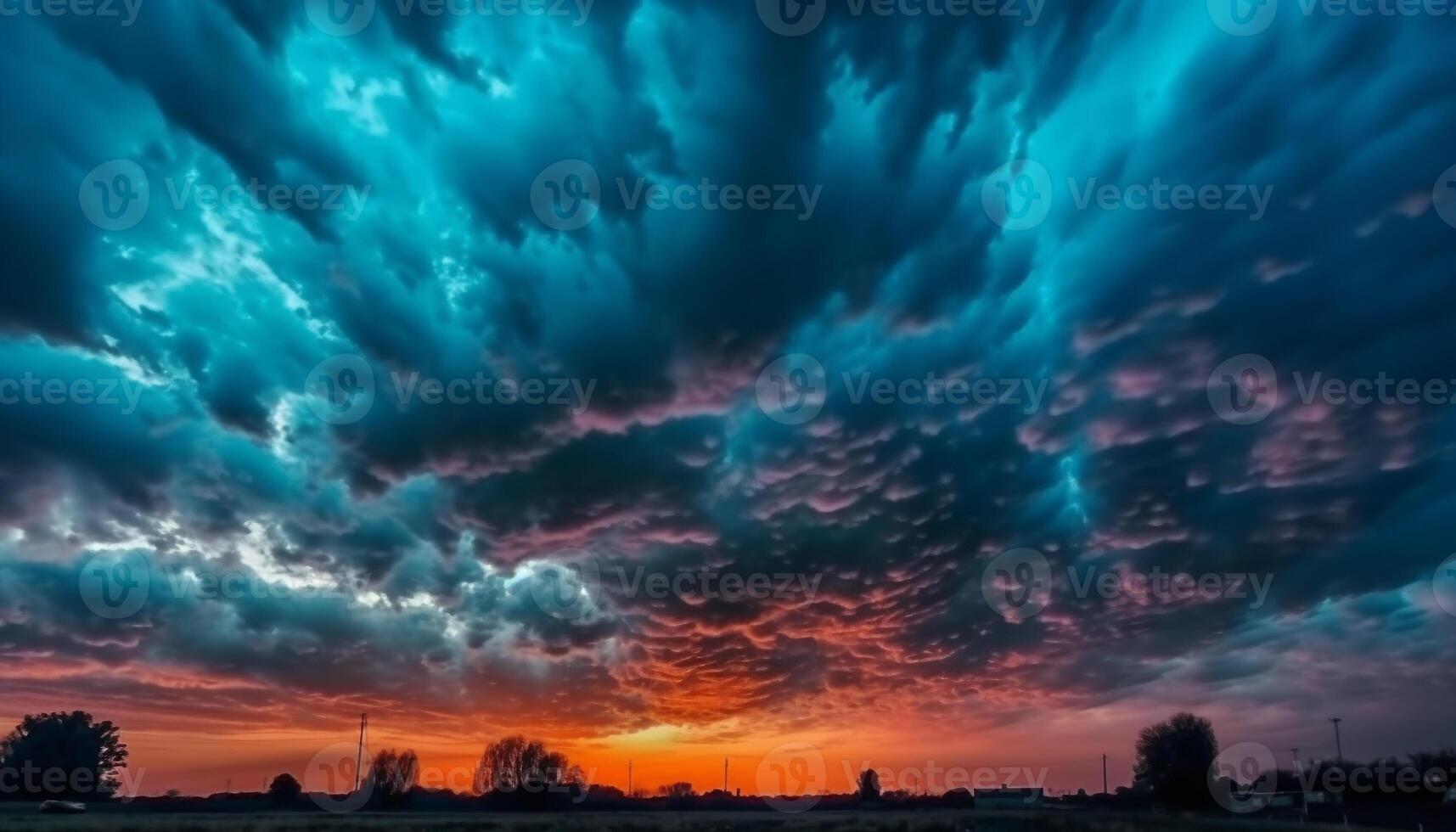 dramático céu silhuetas árvore às crepúsculo, refletindo beleza dentro natureza gerado de ai foto