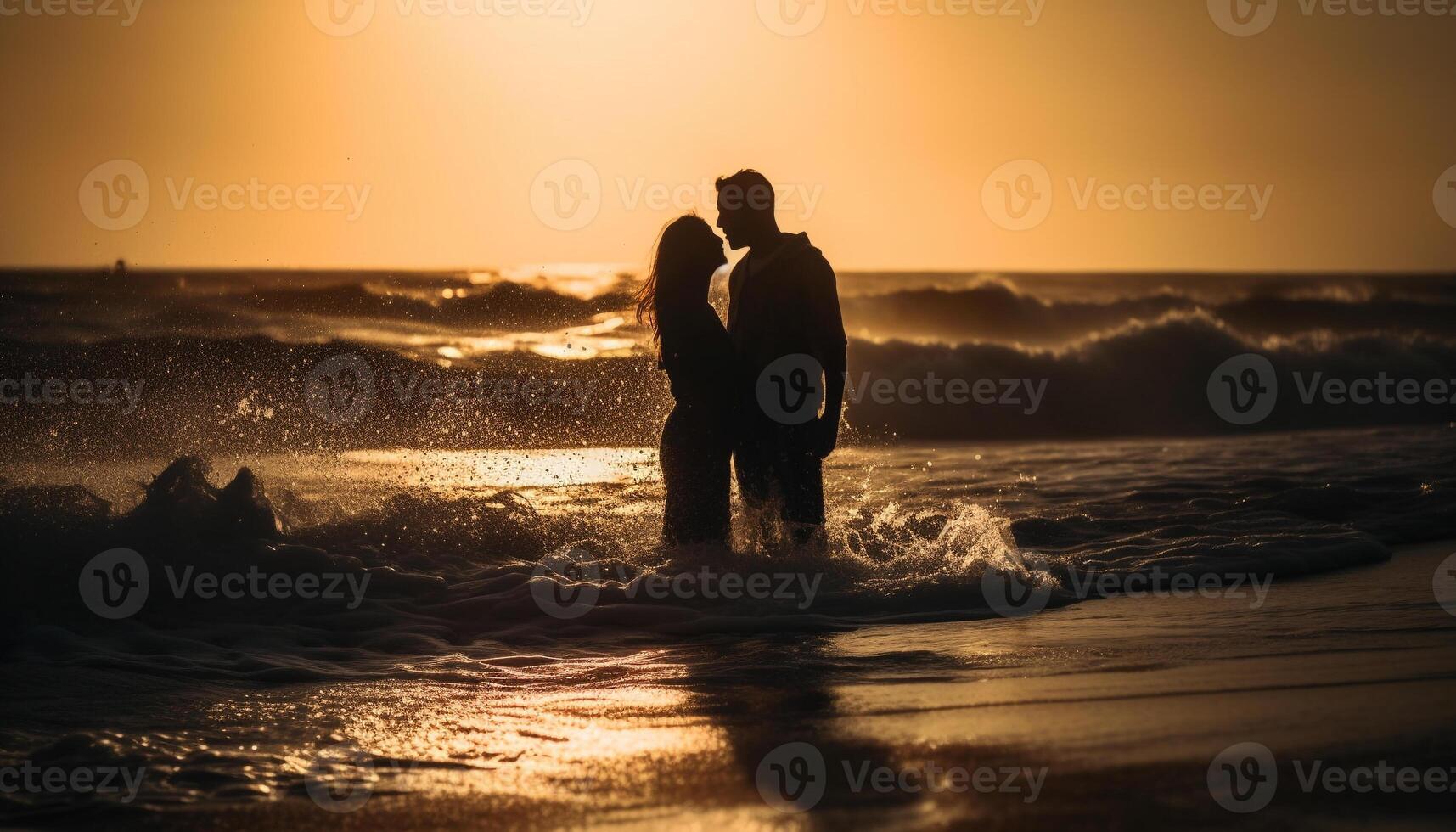 uma romântico pôr do sol em a de praia com uma amoroso casal gerado de ai foto