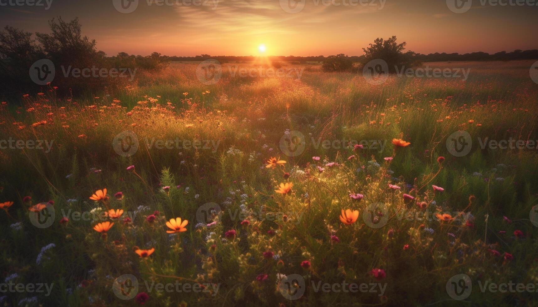 tranquilo pôr do sol sobre vibrante Prado, flores silvestres flor dentro natureza beleza gerado de ai foto