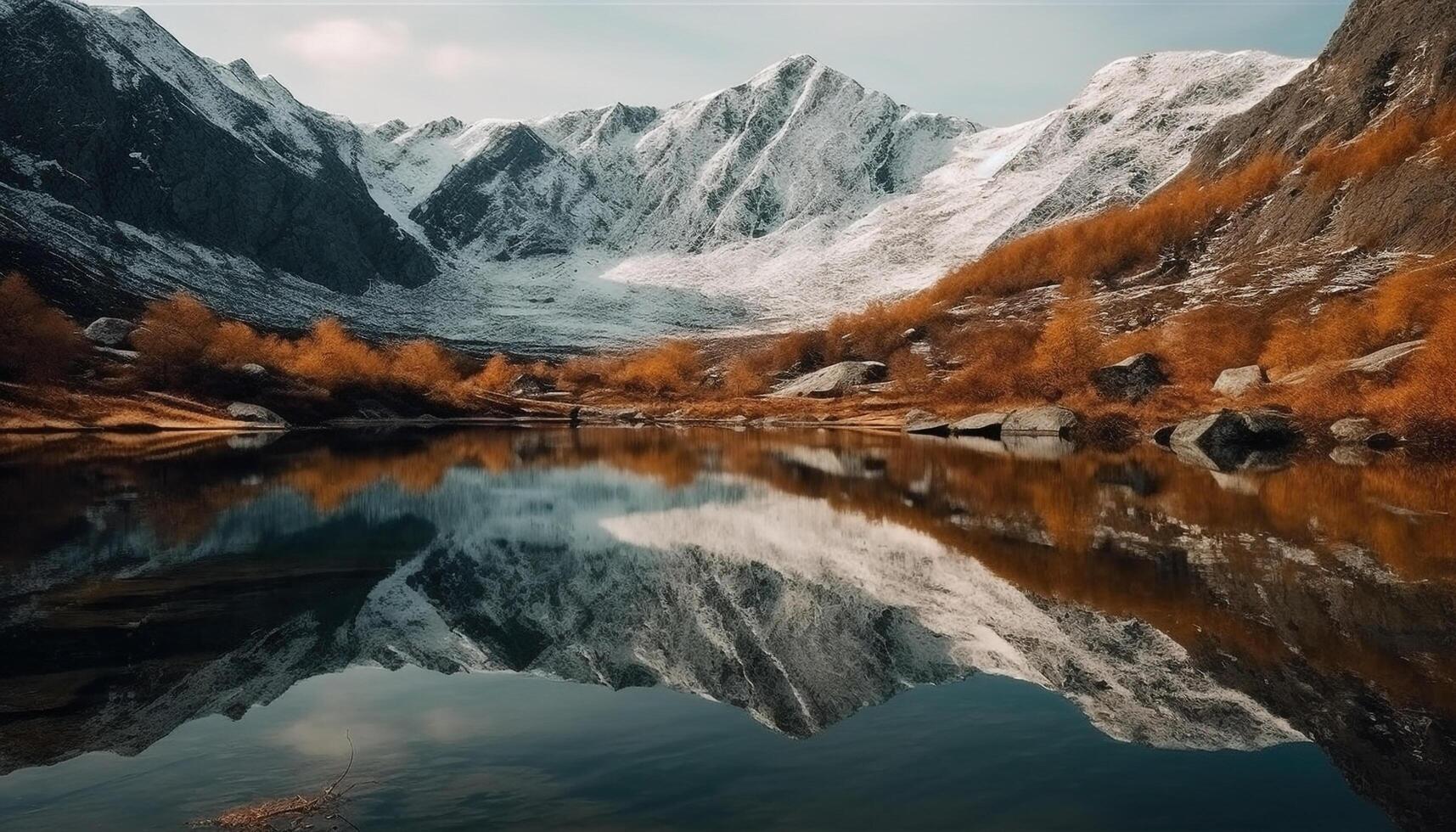 majestoso montanha alcance reflete tranquilo cena, perfeito para caminhada aventuras gerado de ai foto