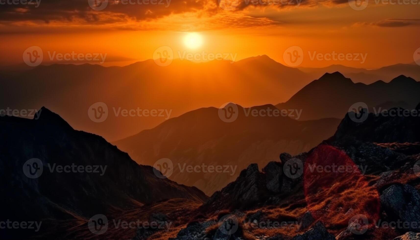 majestoso montanha alcance recortado contra tranquilo pôr do sol, uma tirar o fôlego panorama gerado de ai foto