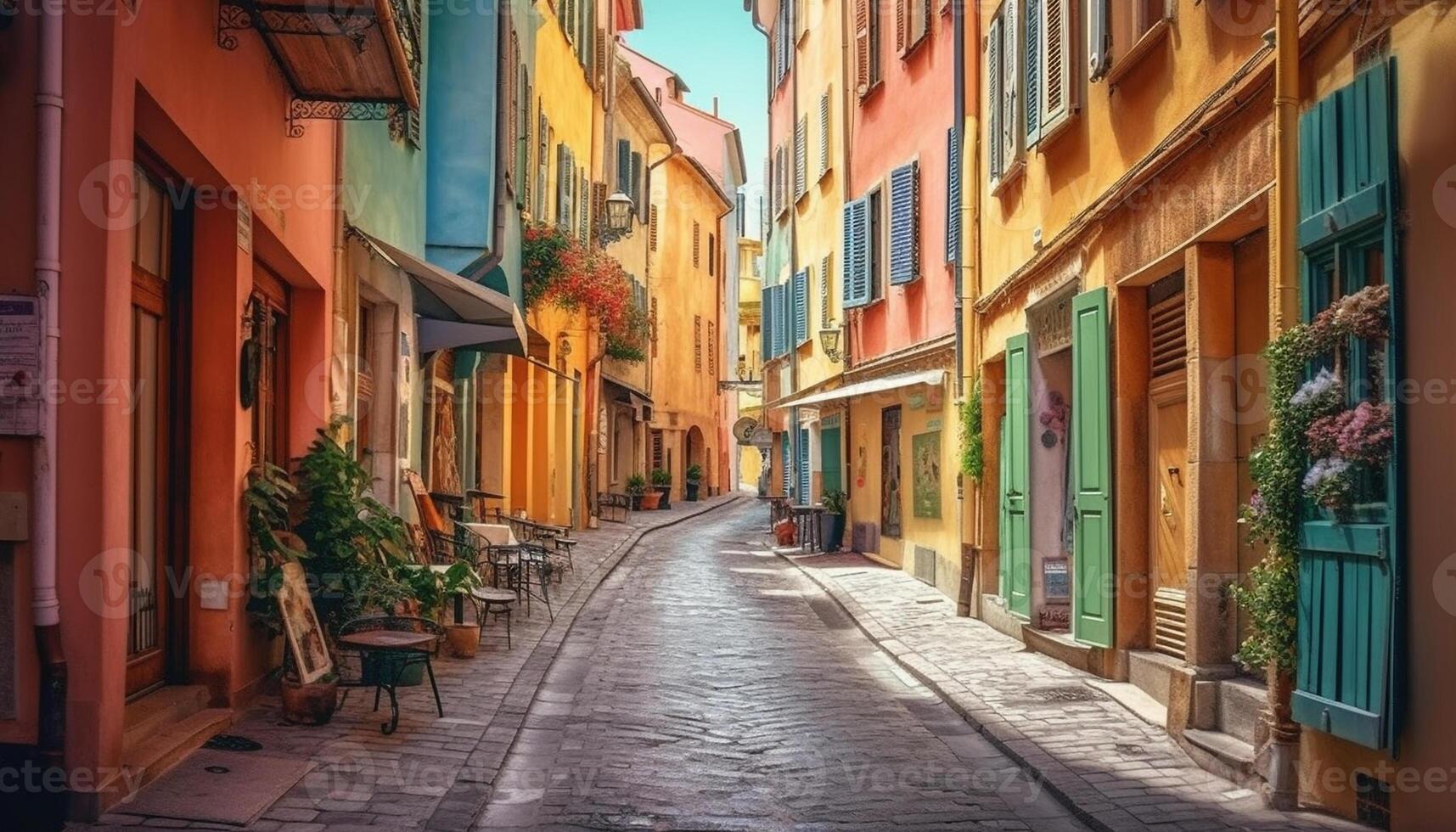 a antigo italiano paisagem urbana às crepúsculo, uma limitar trilha forrado com velho formado edifícios e flor panelas gerado de ai foto