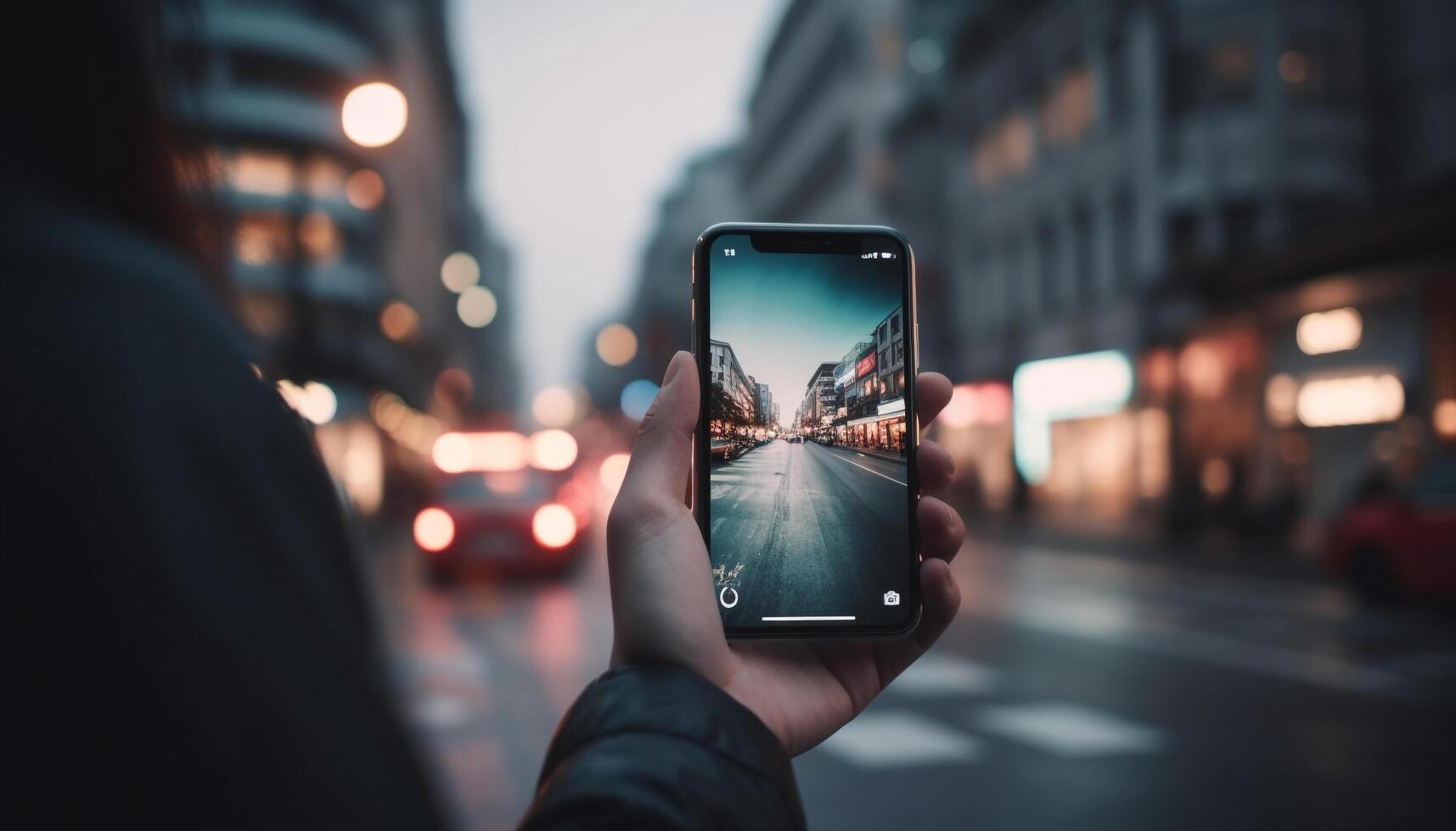 homem de negocios segurando inteligente telefone, fotografando paisagem urbana às crepúsculo gerado de ai foto