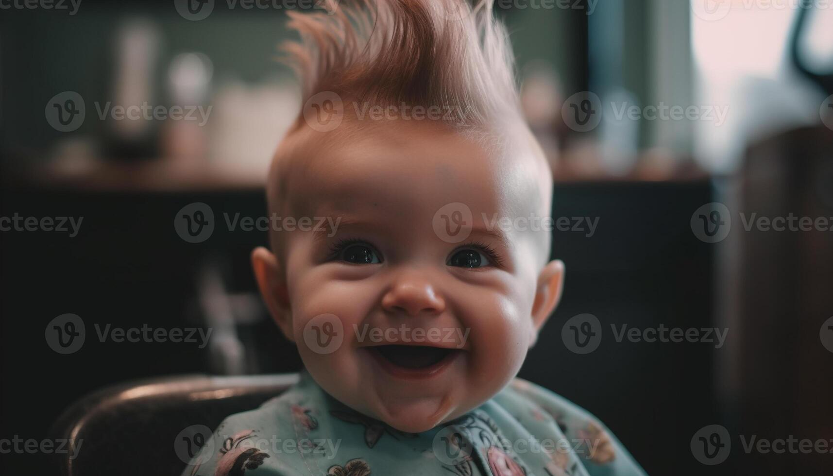 uma lindo, brincalhão bebê Garoto com loiro cabelo sorridente alegremente gerado de ai foto