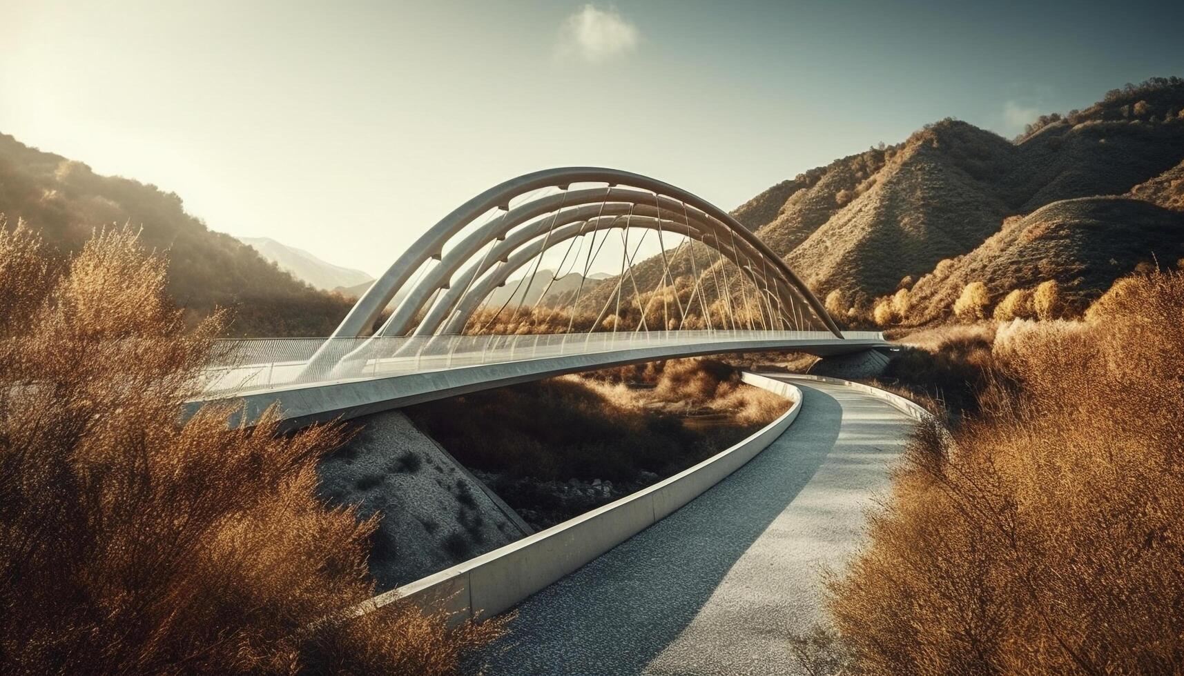 uma moderno viaduto curvas sobre uma montanha alcance às crepúsculo gerado de ai foto