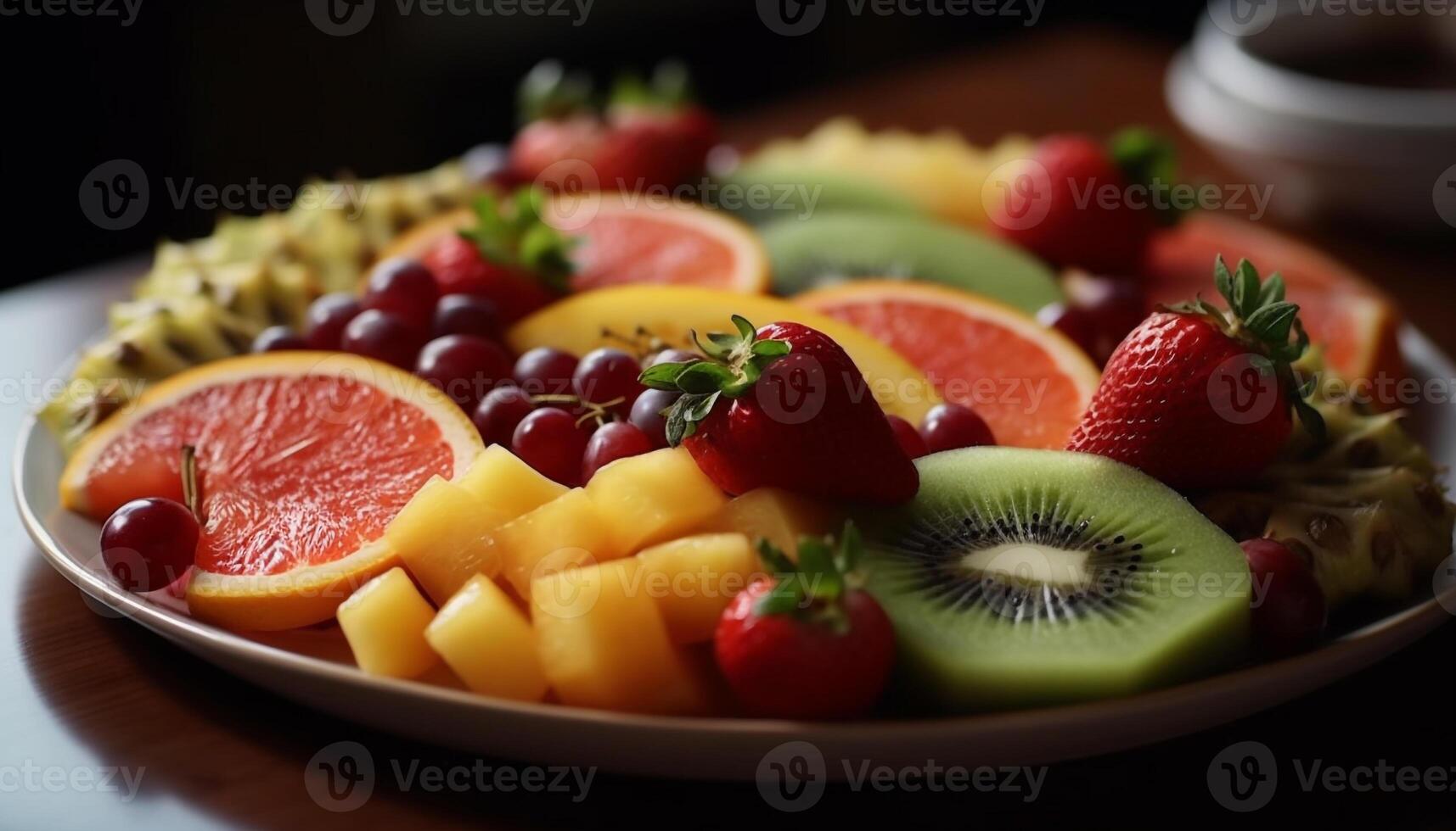 uma gourmet fruta salada prato com fresco, maduro, multi colori bagas gerado de ai foto