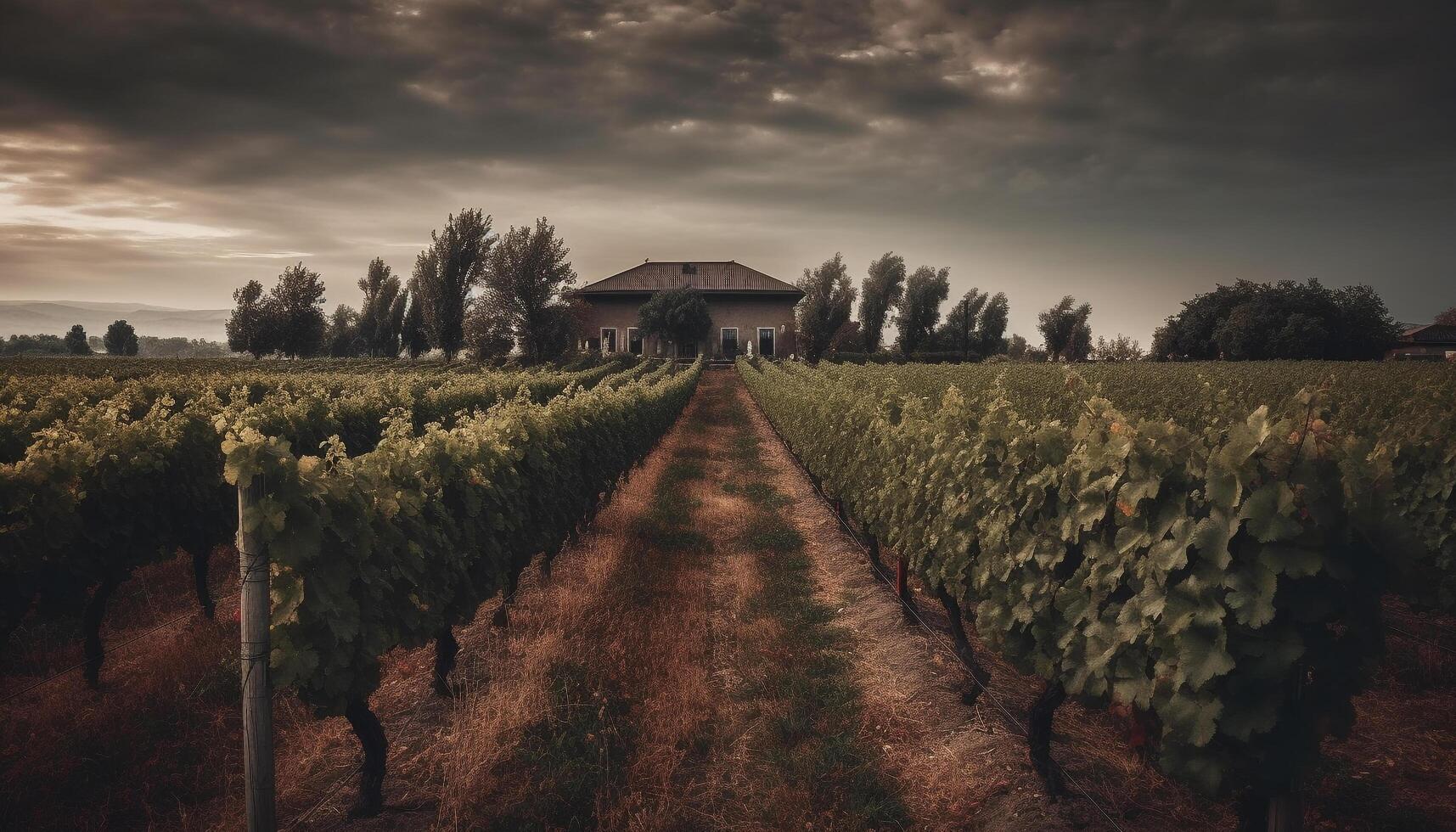 uma tranquilo pôr do sol sobre uma chianti Vinhedo, maduro para colheita gerado de ai foto