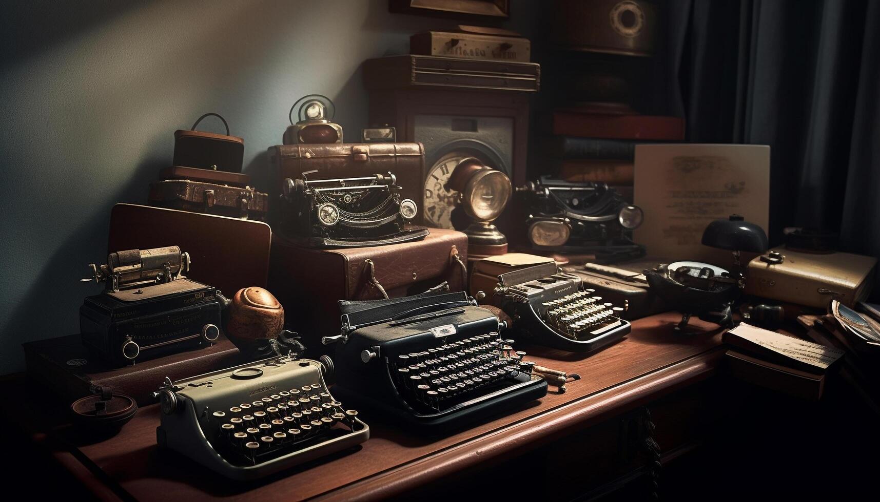 a Antiguidade máquina de escrever em uma mesa, uma nostálgico maquinaria renascimento gerado de ai foto
