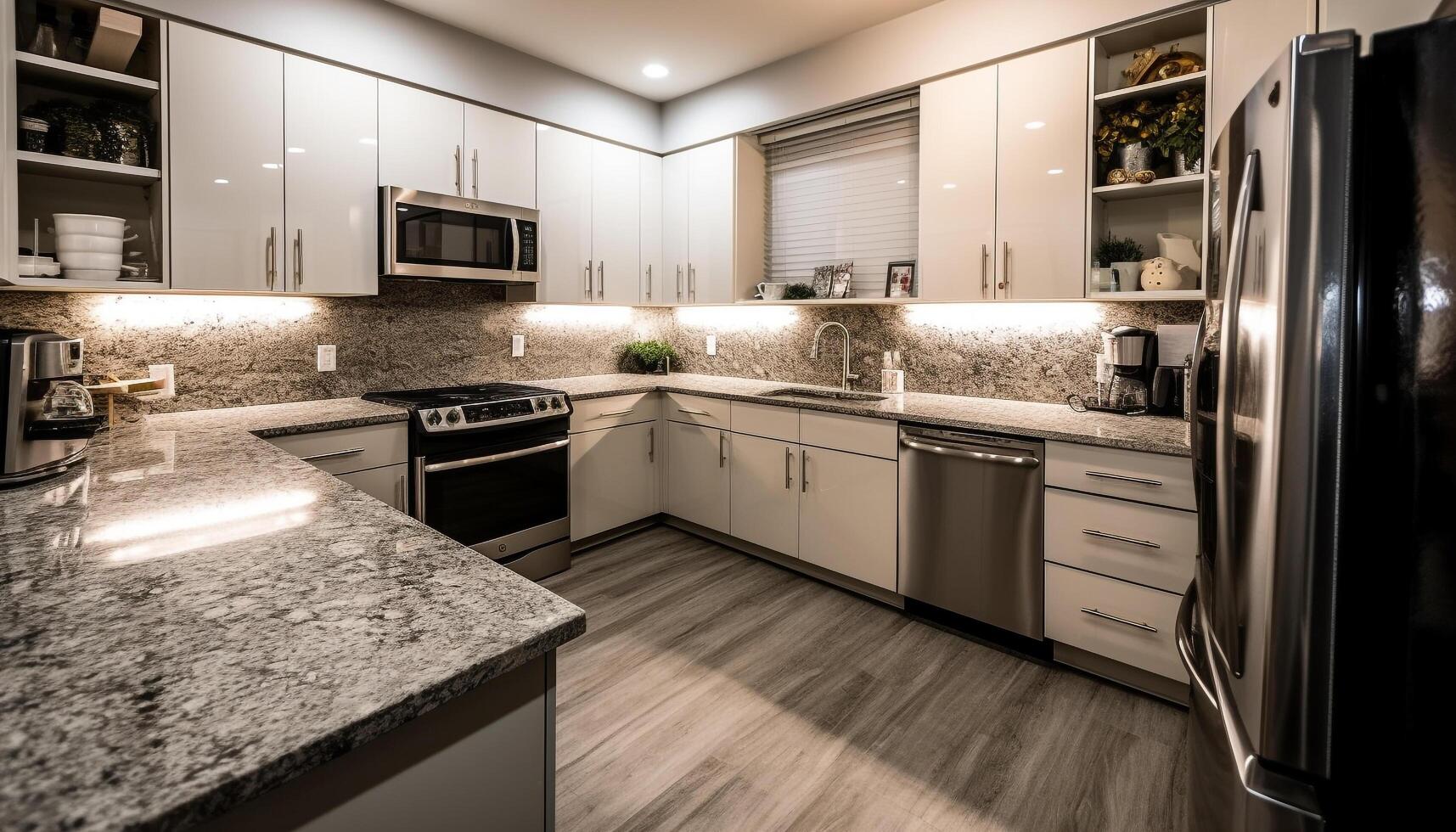 moderno cozinha Projeto com inoxidável aço eletrodomésticos e madeira pavimentos gerado de ai foto