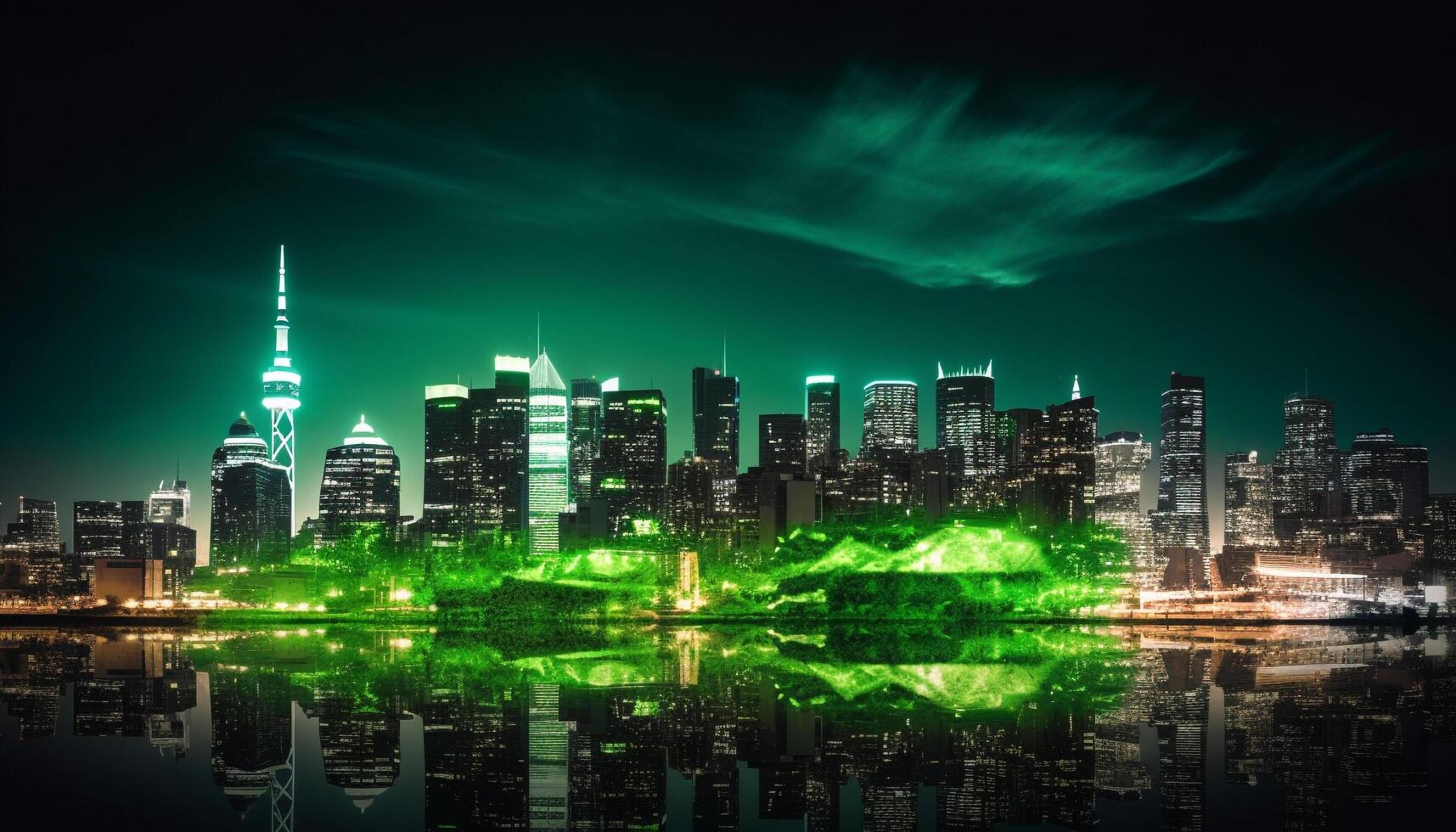 a futurista paisagem urbana brilha com multi colori luzes às crepúsculo gerado de ai foto