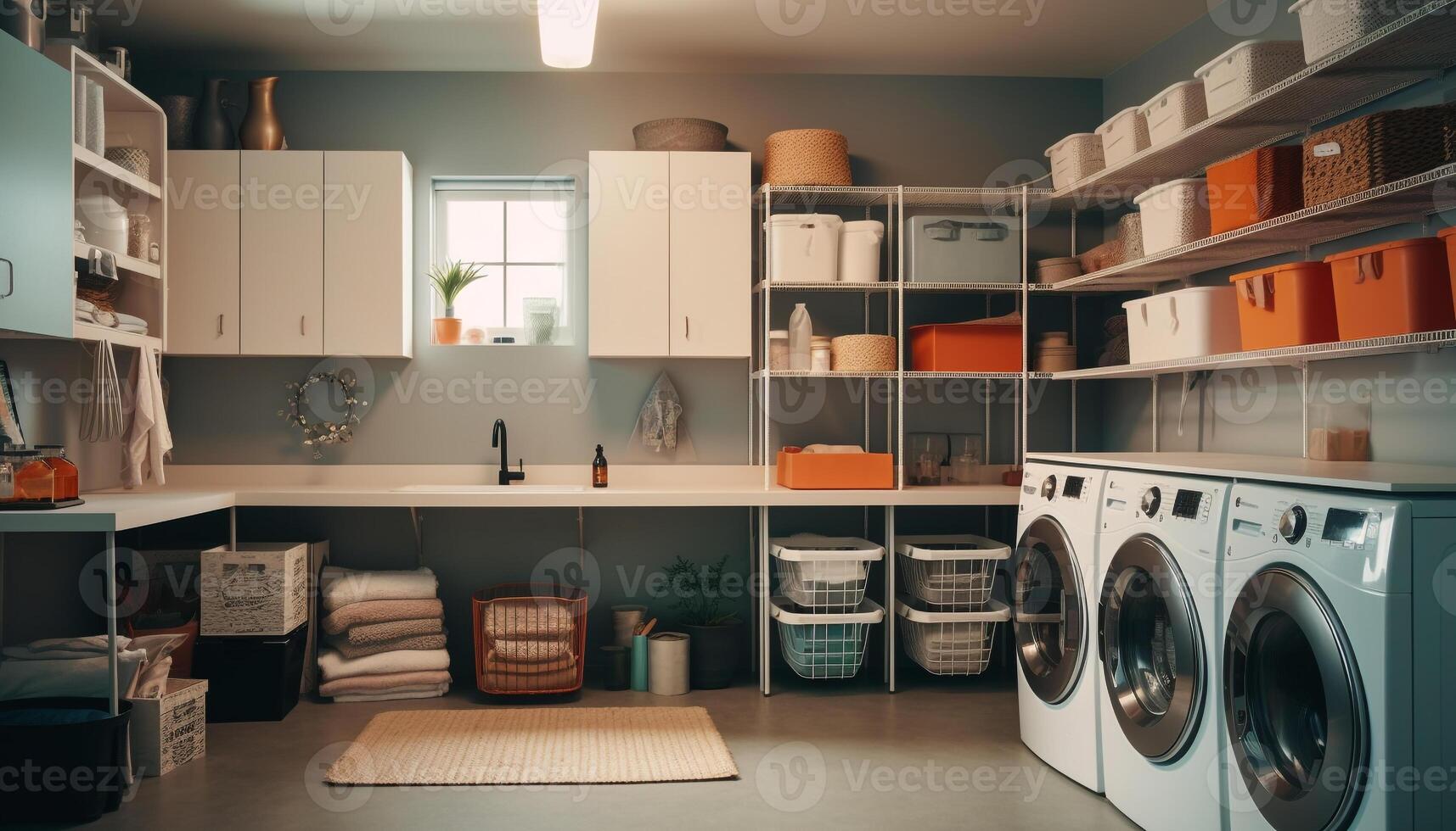 moderno doméstico cozinha com limpar \ limpo eletrodomésticos, elegante decoração, e arrumado prateleiras gerado de ai foto