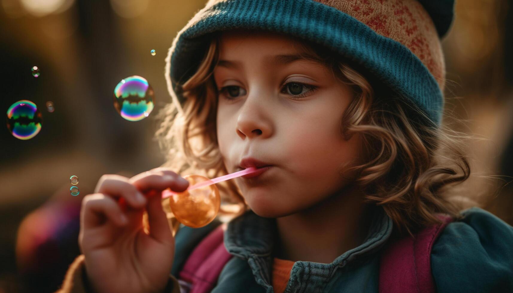 fofa loiro menina sopro bolhas, desfrutando despreocupado infância ao ar livre gerado de ai foto