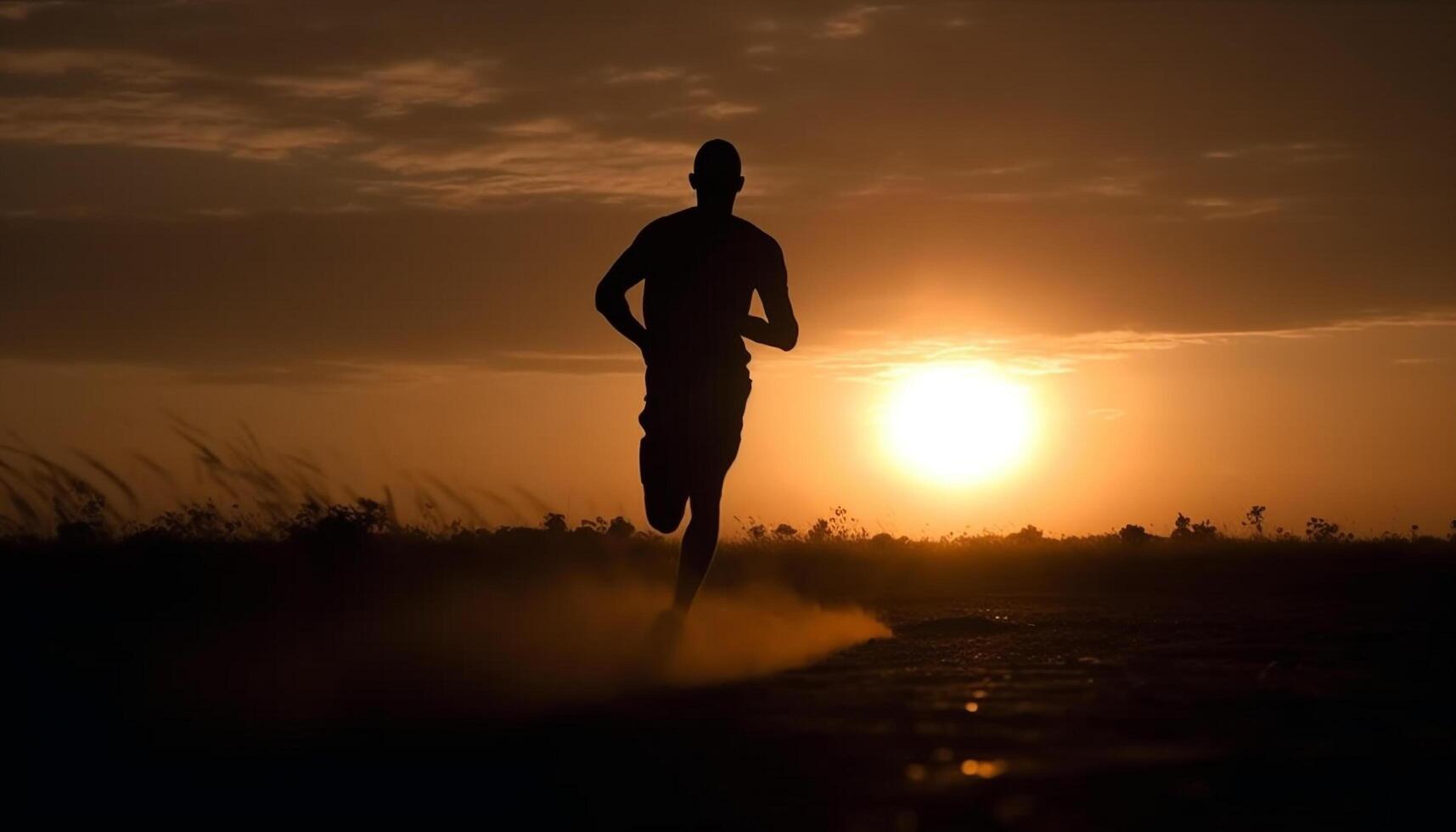 1 atleta corrida às alvorecer, determinado para alcançar sucesso gerado de ai foto