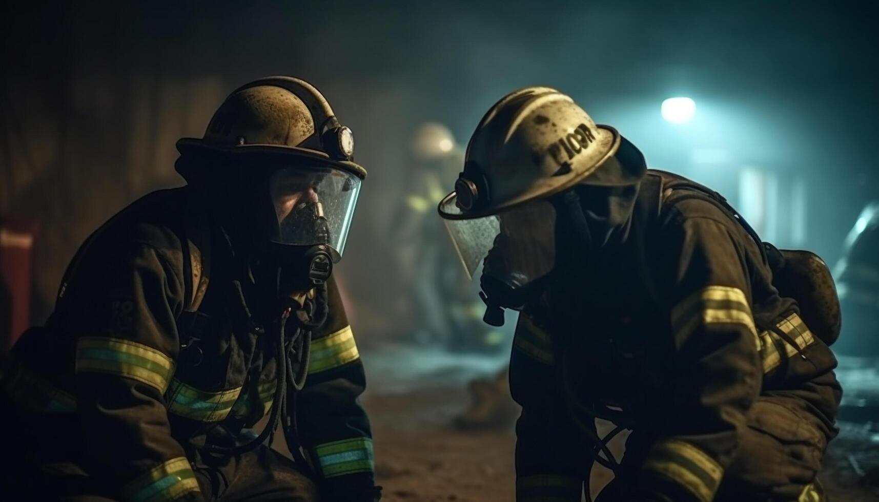 bombeiros dentro protetora ternos resgate queimando construção dentro perigoso noite gerado de ai foto