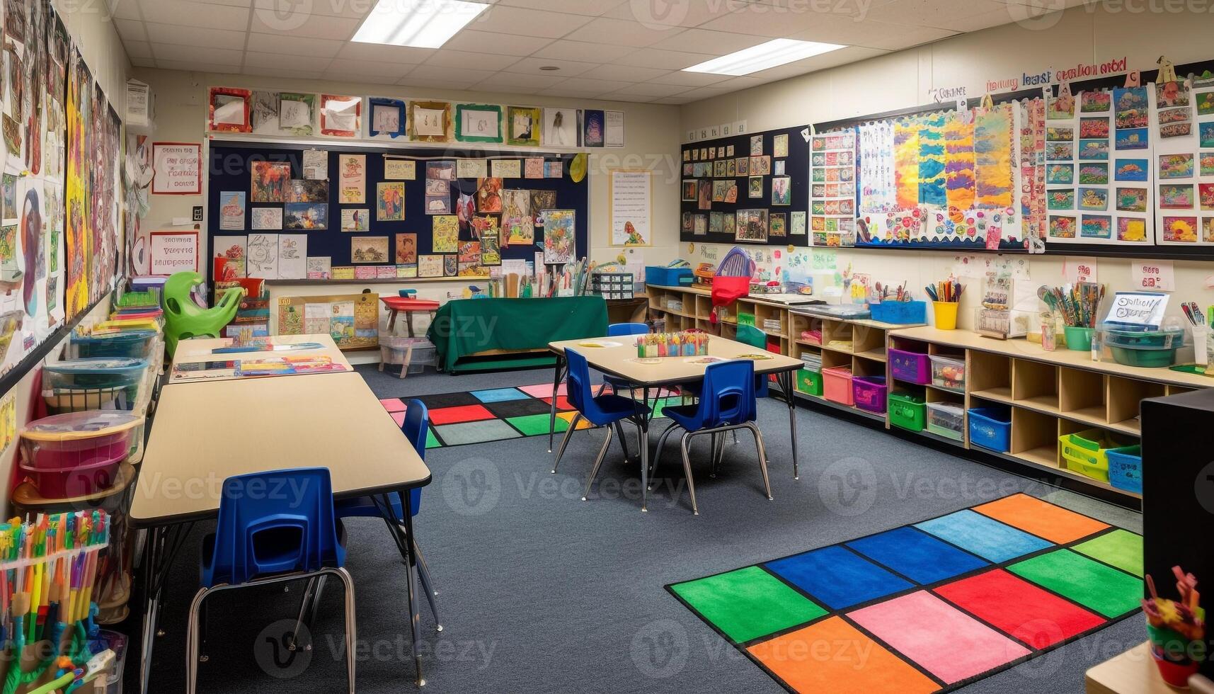 colorida Sala de aula com moderno projeto, brinquedos, e estantes de livros para Aprendendo gerado de ai foto