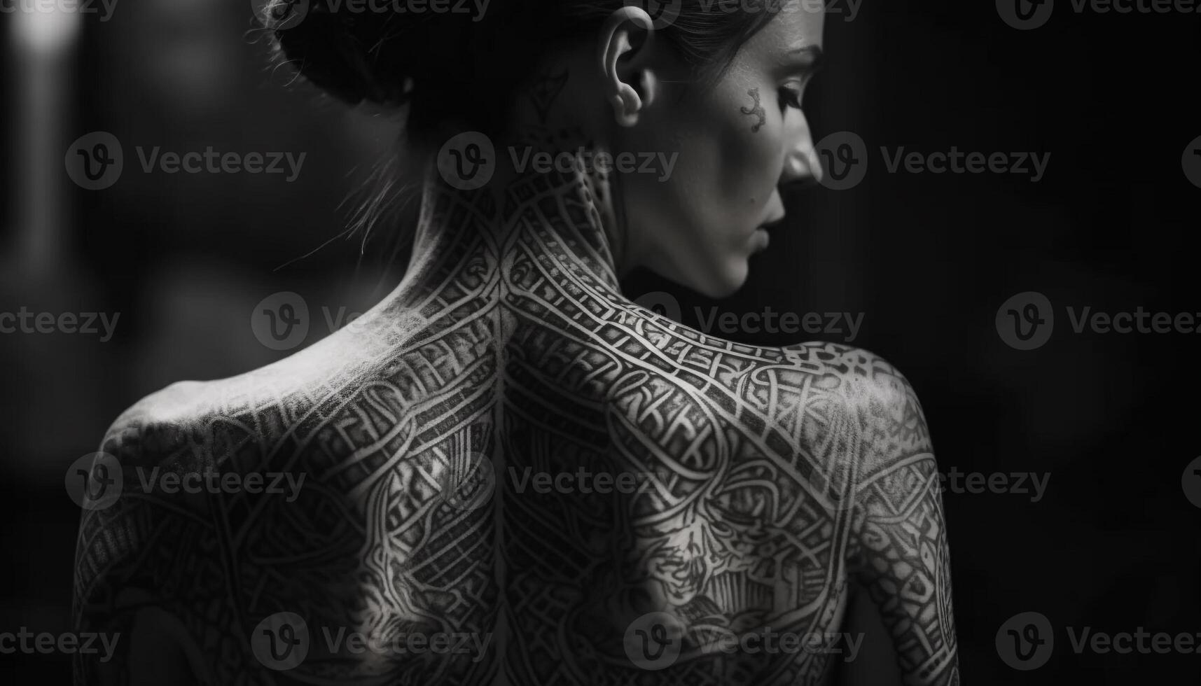 indígena beleza jovem mulher tatuado ombro dentro monocromático retrato gerado de ai foto