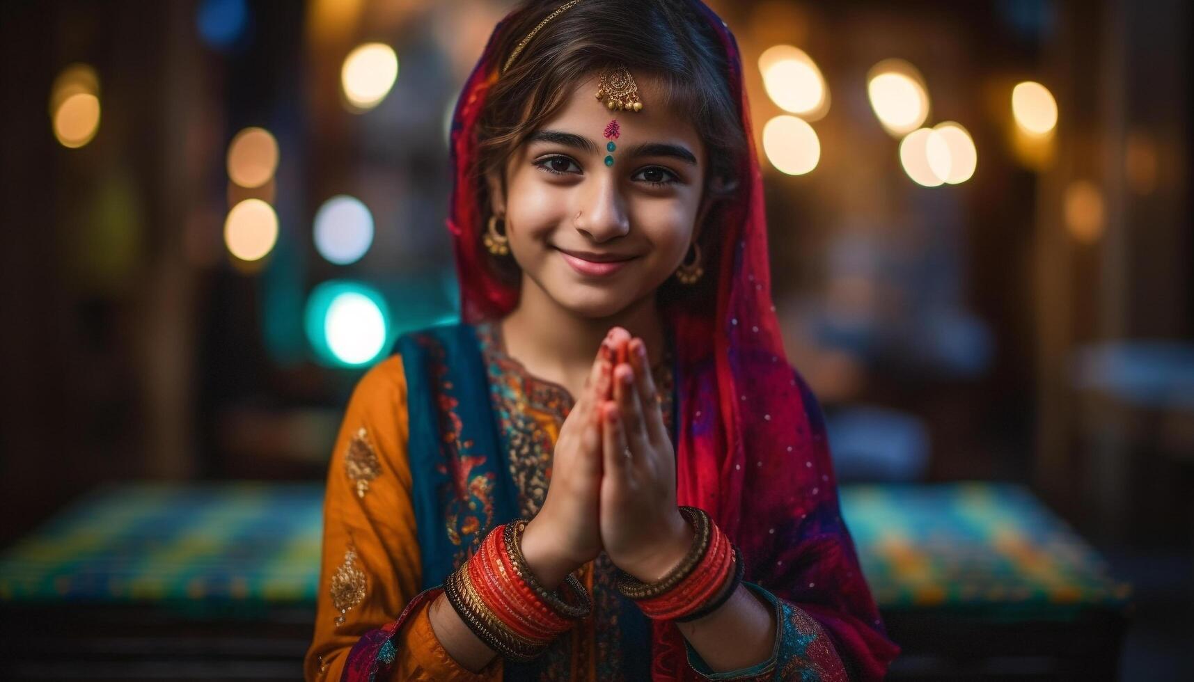 uma alegre celebração do indiano cultura com sorridente mulheres e crianças gerado de ai foto