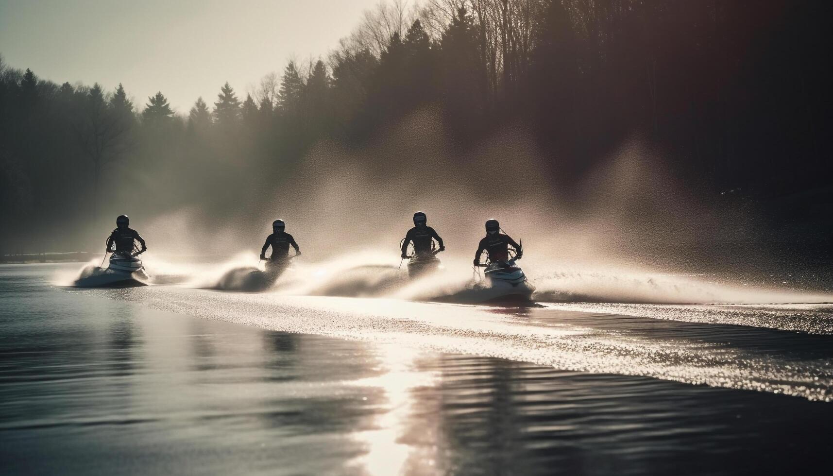 homens dirigindo náutico navio, pulverização água, desfrutando extremo Esportes aventura gerado de ai foto