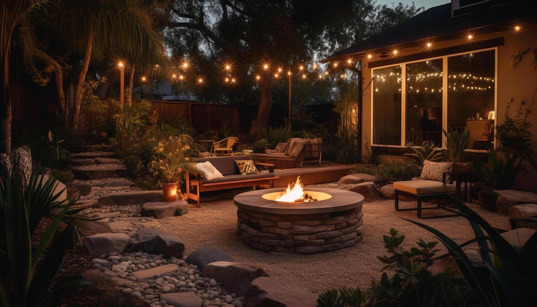 luz de velas mesa debaixo brilhando lanterna dentro tranquilo ao ar livre jardim configuração gerado de ai foto