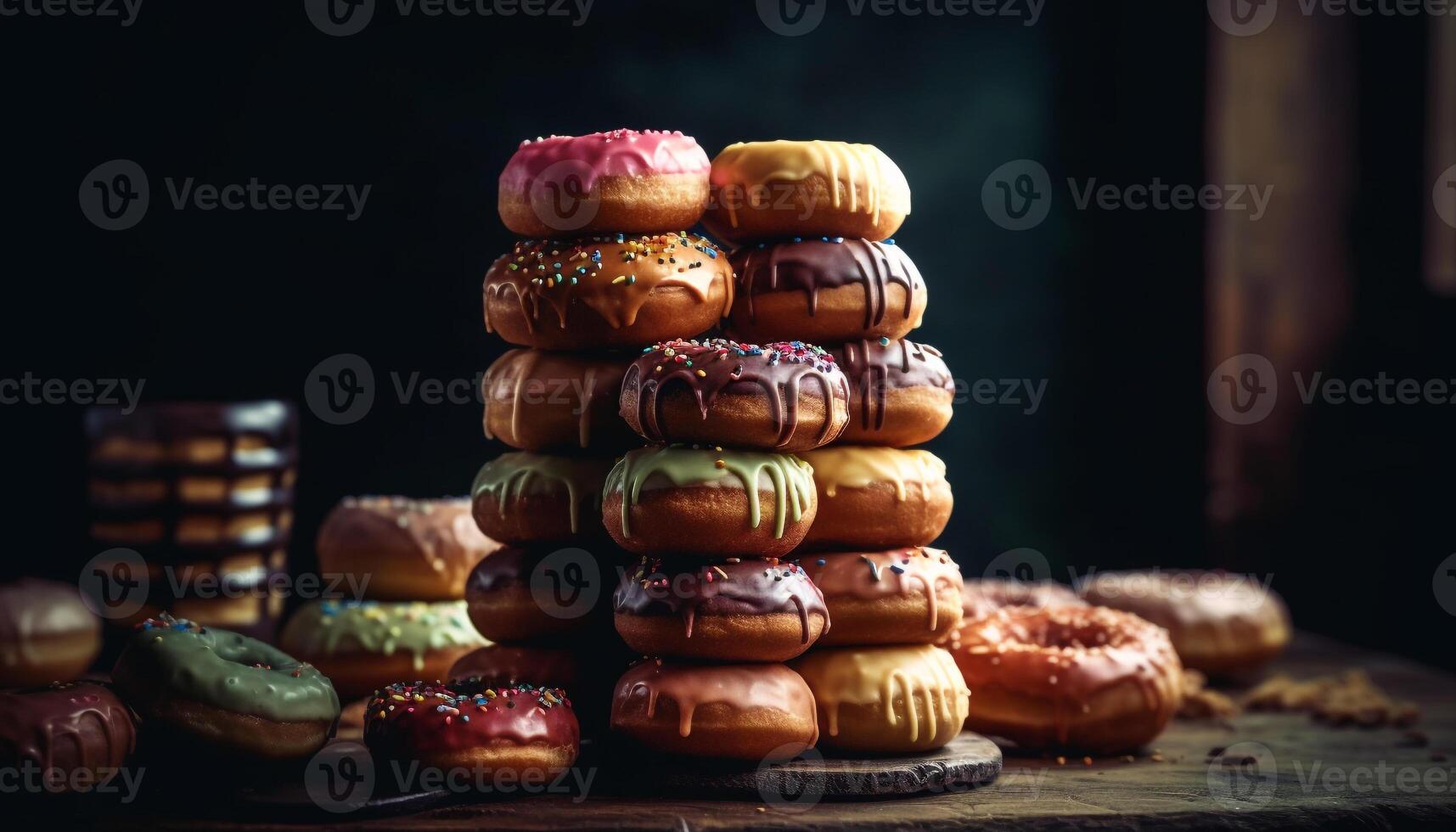 pilha do caseiro cozido rosquinhas com chocolate gelo e granulados gerado de ai foto