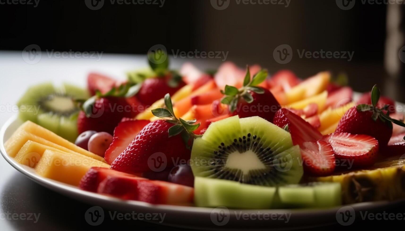 refrescante verão fruta salada com suculento bagas e doce Melão gerado de ai foto