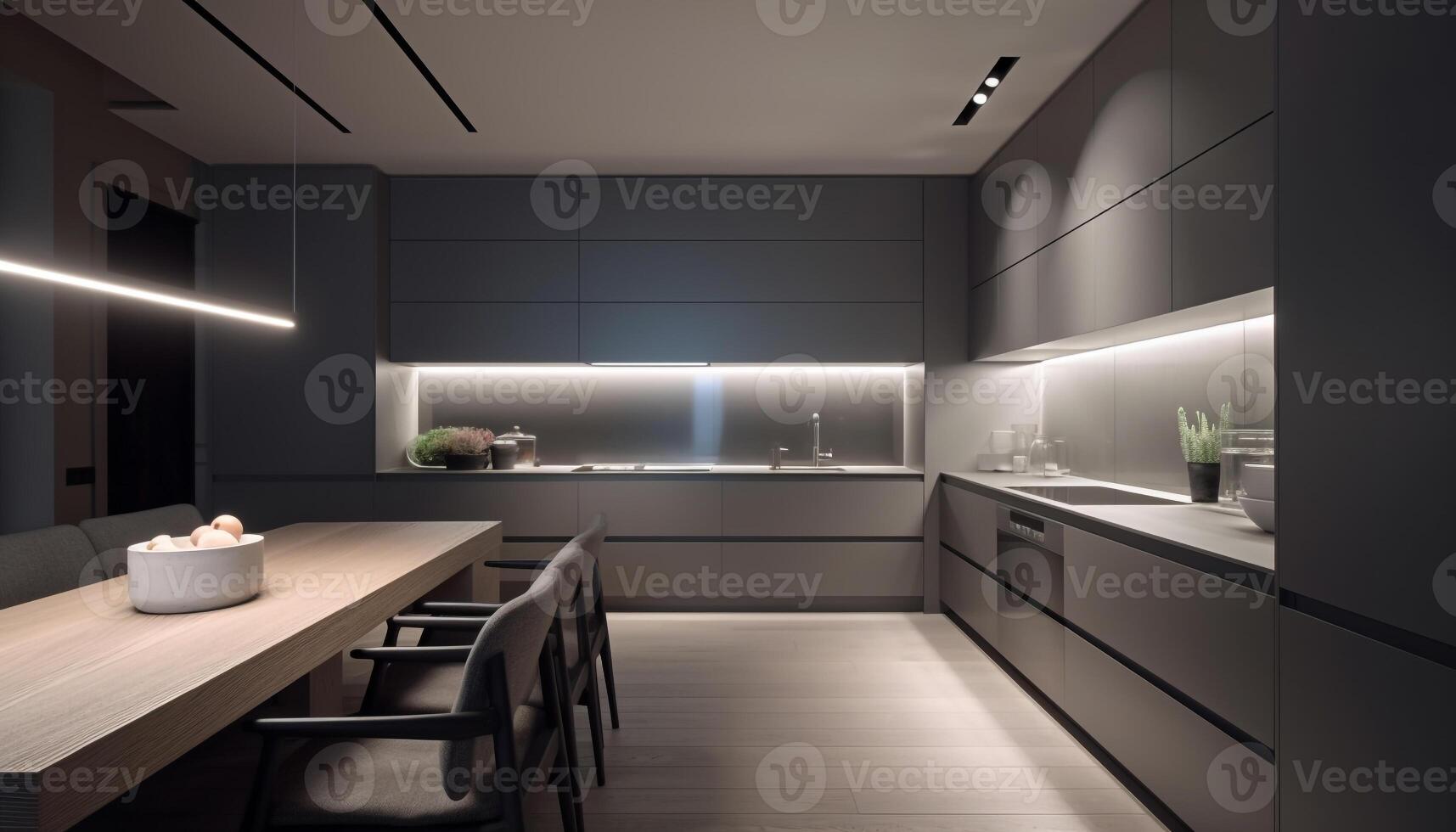 moderno cozinha Projeto com elegante madeira pavimentos e aço eletrodomésticos gerado de ai foto