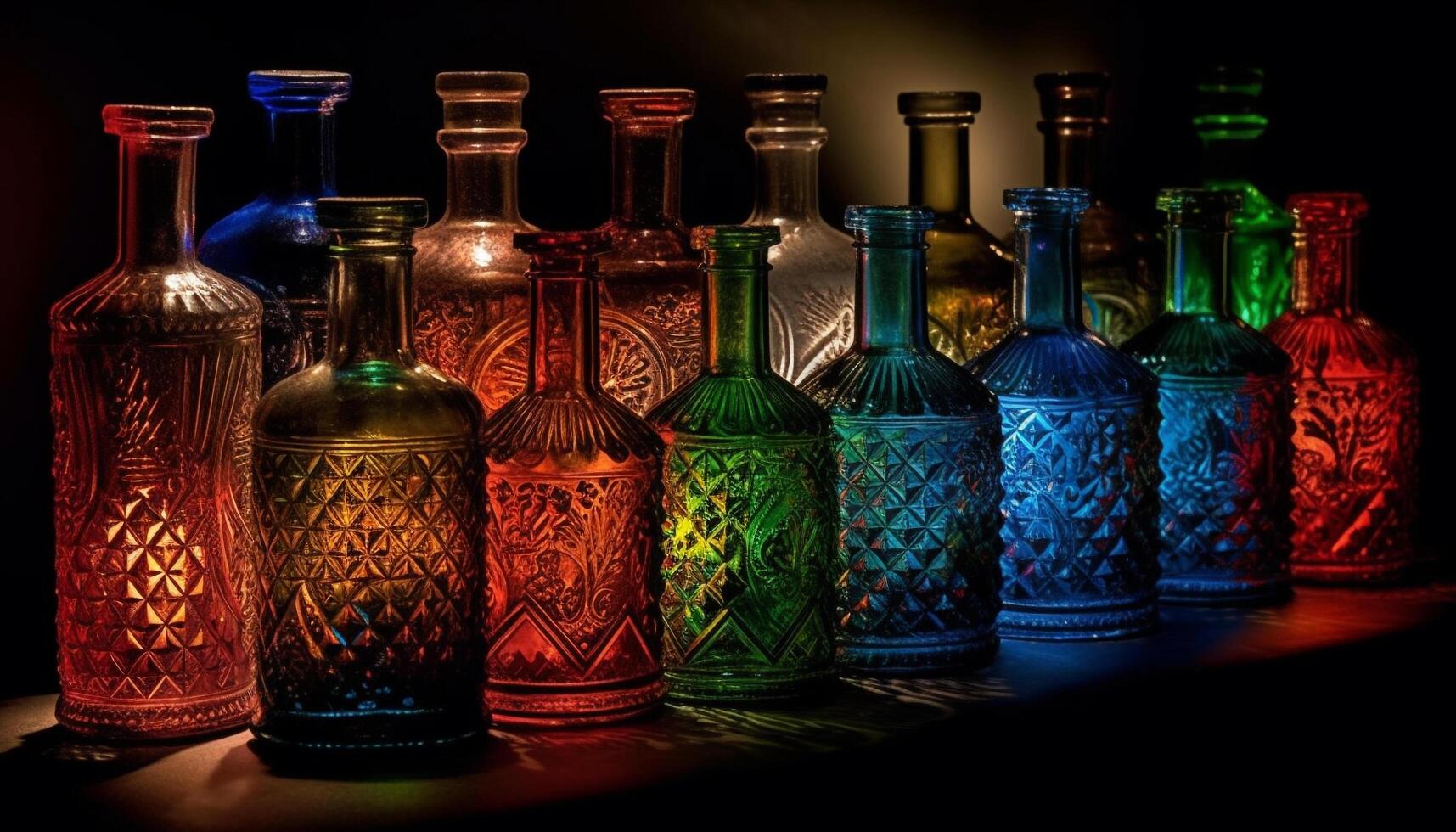 multi colori vidro garrafas preenchidas com vibrante líquido para celebração gerado de ai foto