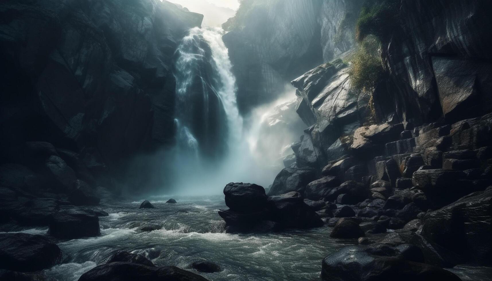 aventura dentro natureza majestoso montanha faixa, fluindo água, extremo terreno gerado de ai foto