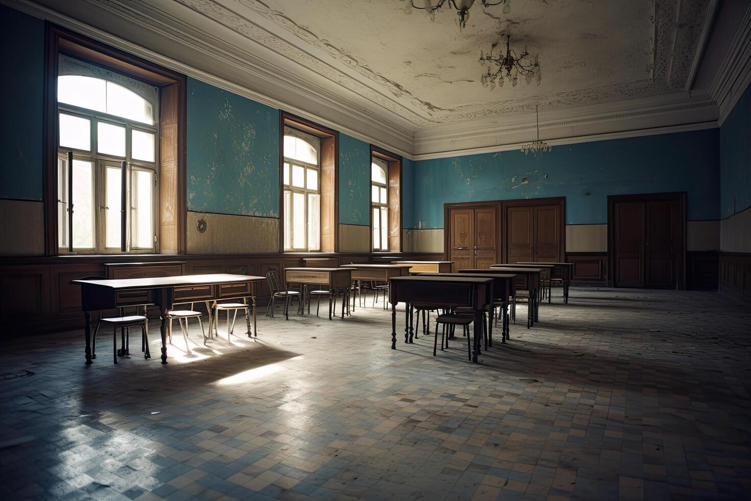 esvaziar Sala de aula com mesas e cadeiras dentro a velho escola prédio. 3d Renderização, decorado interior do a esvaziar escola aula, ai gerado foto