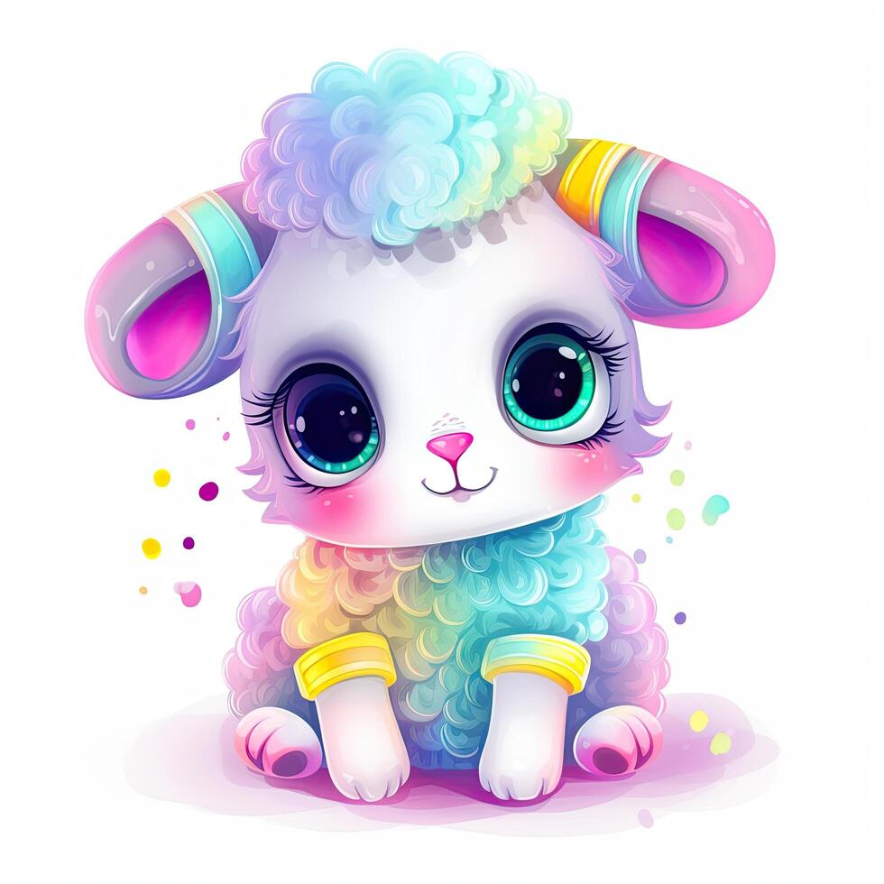 colorida bebê Cordeiro sentado ilustração. bebê ovelha sorridente em uma branco fundo. colorida bebê Cordeiro conjunto ilustração com fofa olhos e colorida de lã. bebê ovelha sentado e sorridente. generativo ai foto