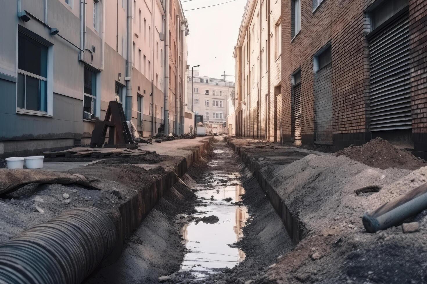 tubos e esgoto tubos dentro a cidade. reparar do comunicações. cidade rua manutenção e construção, ai gerado foto