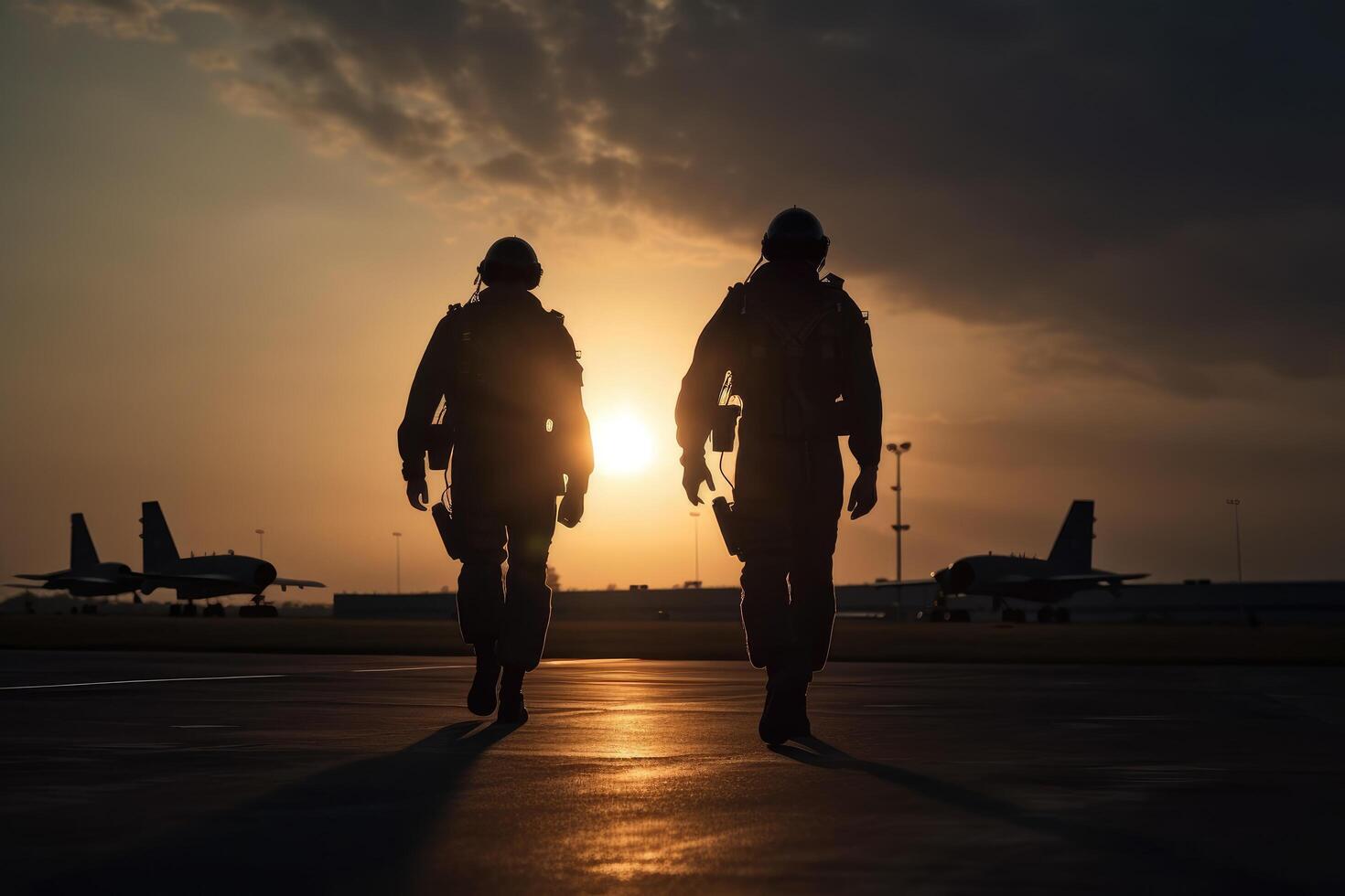 silhueta do dois soldados caminhando em a pista às pôr do sol. militares soldados em pé em uma lindo pôr do sol, ai gerado foto