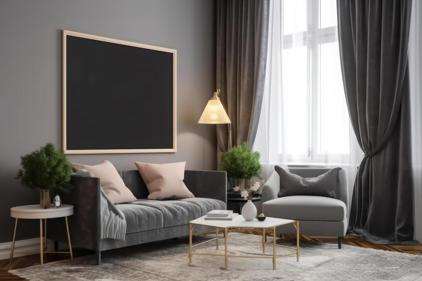 interior do moderno vivo quarto com cinzento sofá, café mesa e quadro-negro, brincar poster quadro, Armação em a parede do uma luxuoso apartamento, ai gerado foto