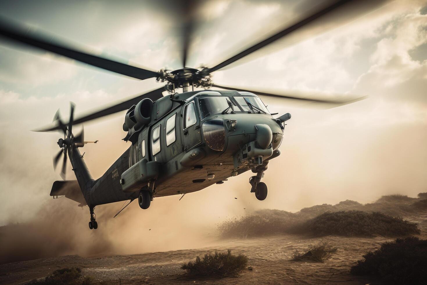 militares helicóptero vôo sobre a deserto durante uma militares Operação dentro África. marinha helicóptero vôo dentro uma zona de guerra, ai gerado foto