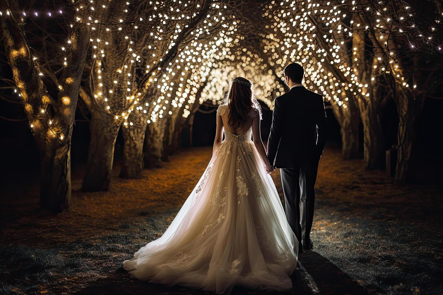 lindo Casamento casal, noiva e noivo, caminhando dentro a parque às noite, Novo noiva e noivo cheio traseiro Visão em pé e segurando mão, ai gerado foto