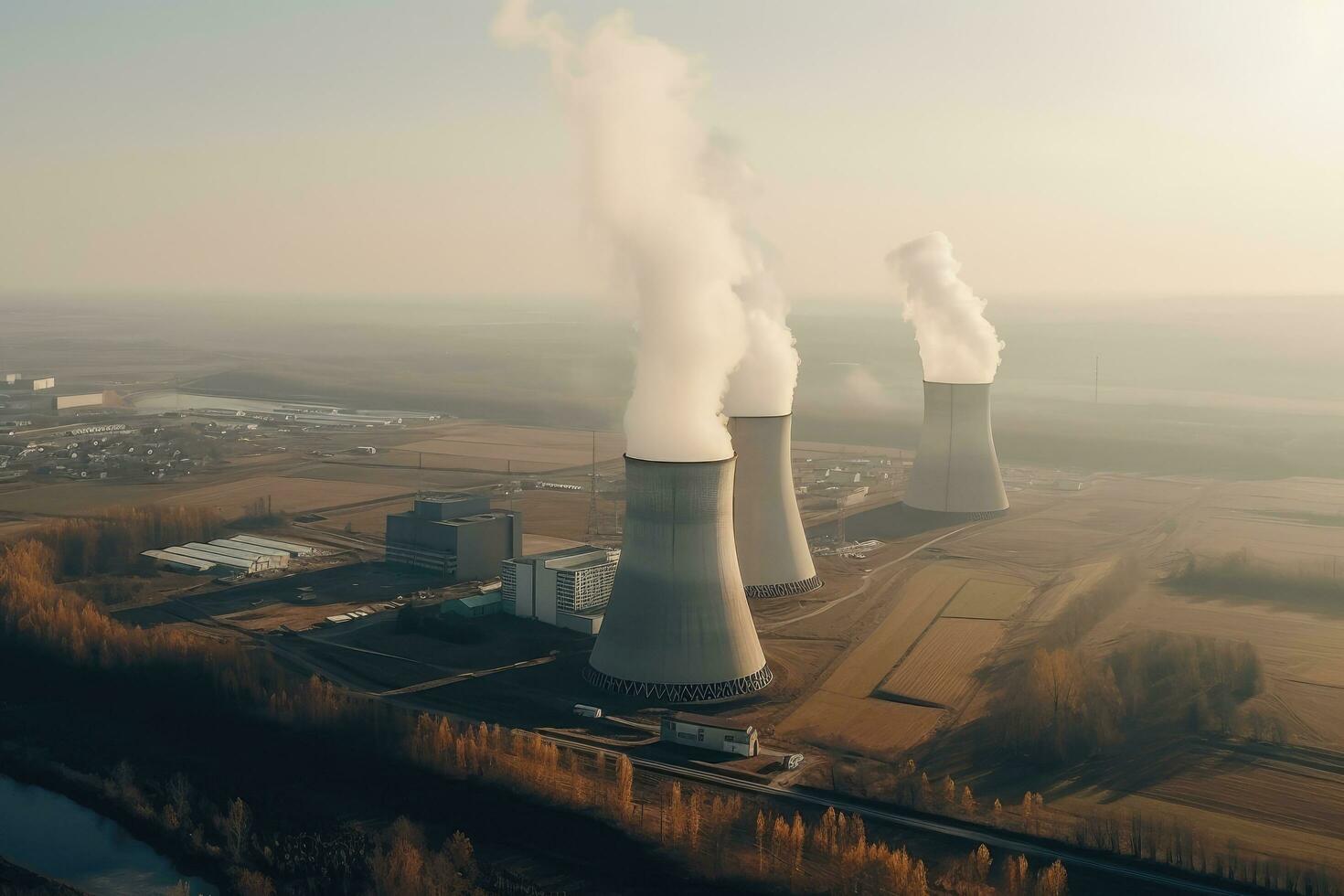 aéreo Visão do nuclear poder plantar com fumar chaminés às nascer do sol, nuclear poder plantar aéreo Visão com fumaça, ai gerado foto