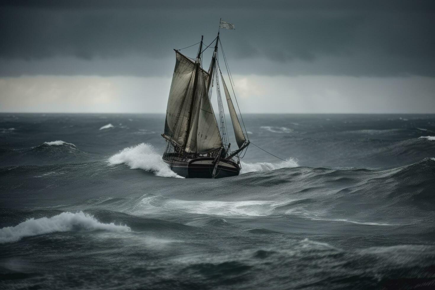 vintage barco a vela dentro tormentoso mar. tonificado imagem. velho barco a vela apanhado dentro uma grande tempestade às mar, ai gerado foto