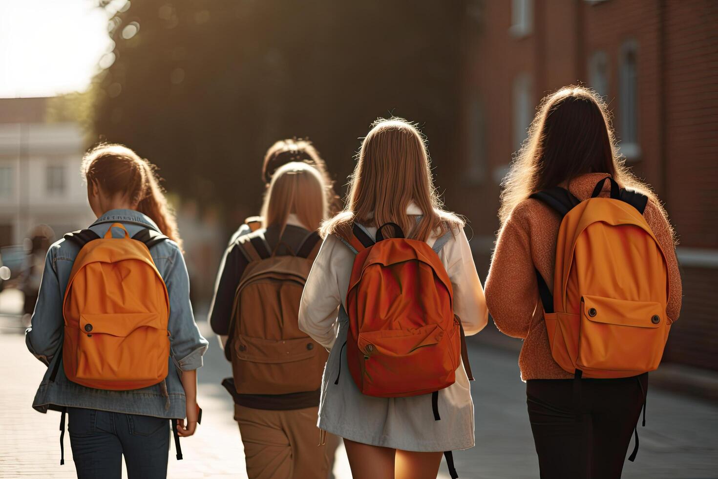 costas Visão do uma grupo do meninas com mochilas caminhando em cidade rua, escola alunos cheio traseiro Visão com escola mochila, ai gerado foto