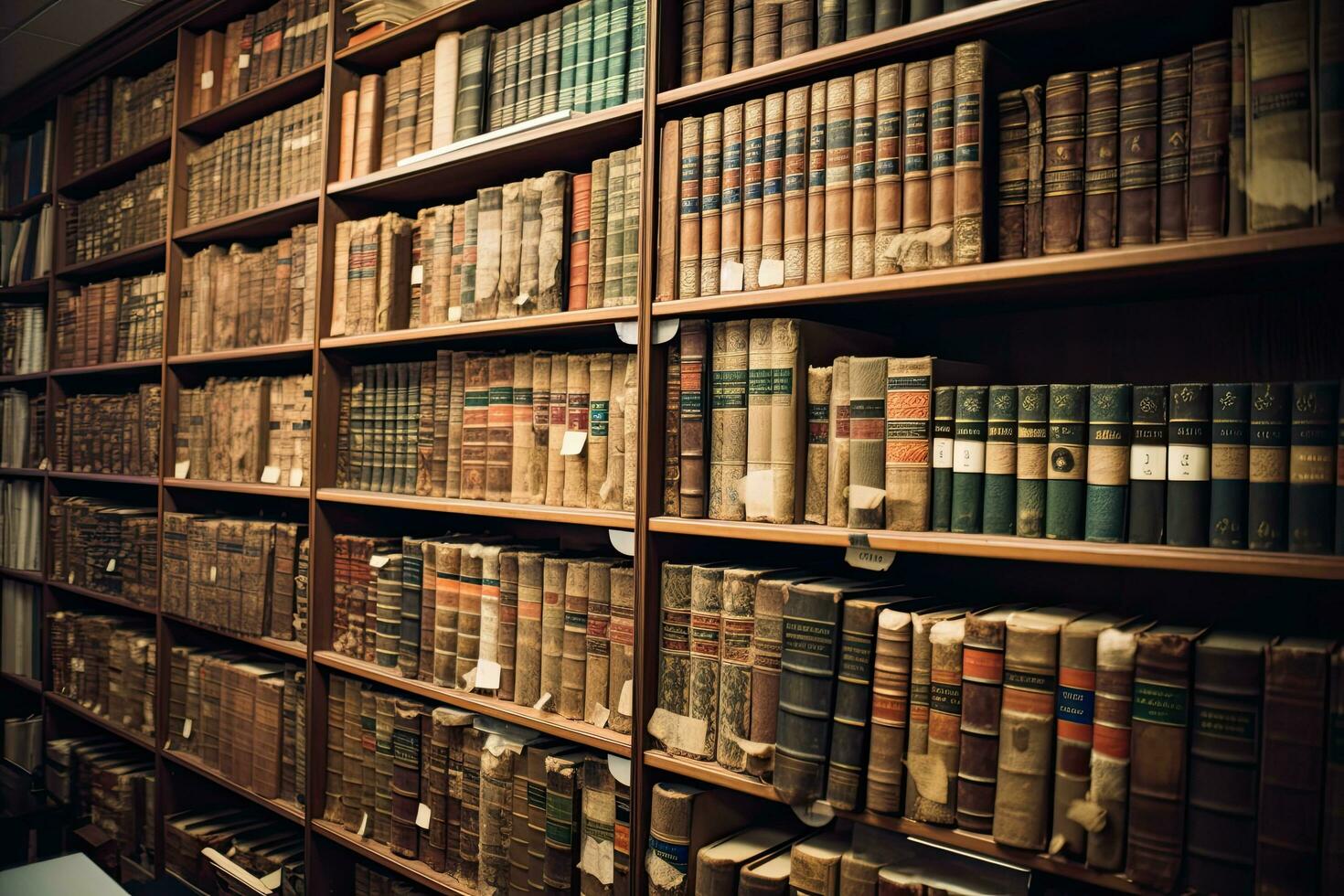 velho estantes de livros dentro uma biblioteca. vintage estilo tonificado foto, tão muitos vintage lei livros em uma enorme estante, ai gerado foto