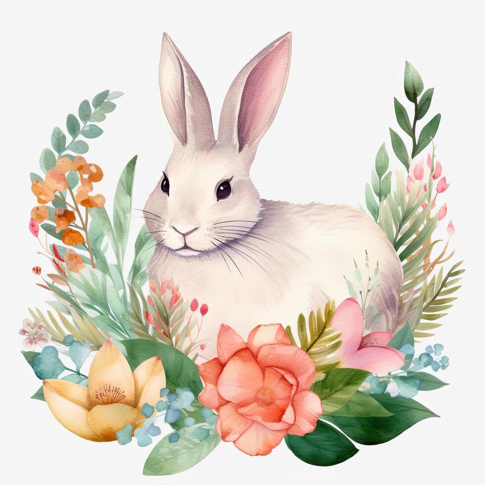 Coelho com flores e folhas. aguarela ilustração em branco fundo. floral Páscoa Coelho clipart, ai gerado foto