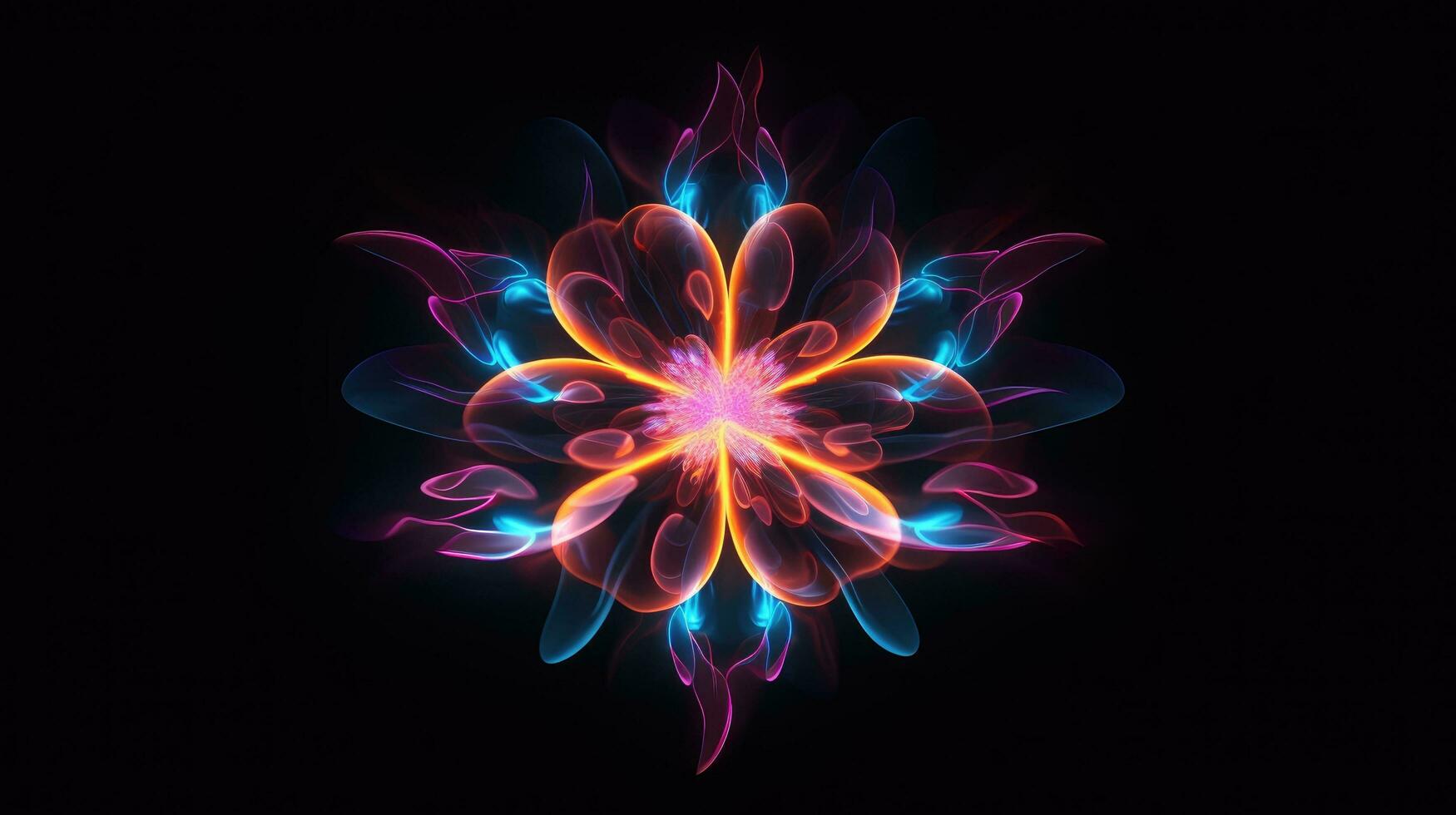 multicolorido néon luz desenho, abstrato forma flores isolado em Preto fundo. brilhando linha arte. a iluminação do vibrante esplendor do néon flor, generativo ai ilustração foto