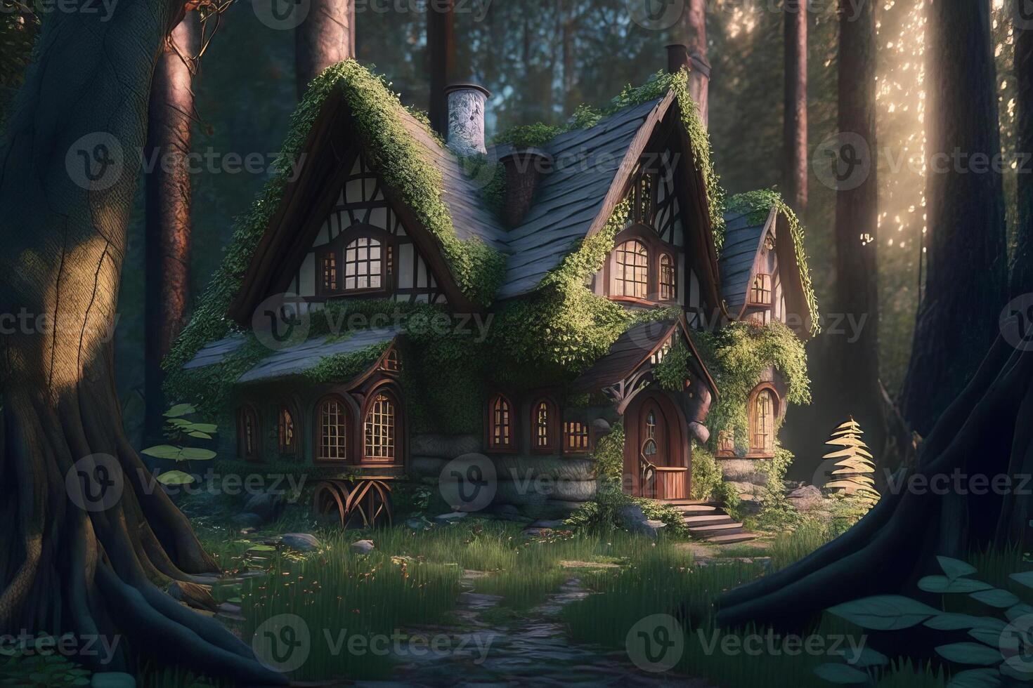 fantasia velho verde casa dentro a floresta. ai gerado foto