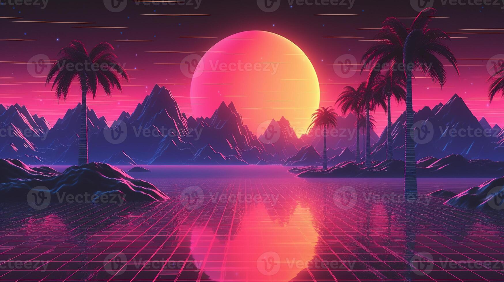 generativo ai, anos 80 retro futurista ficção científica., nostálgico anos 90. noite e pôr do sol néon cores, cyberpunk vintage ilustração. sol, montanhas e Palmeiras. retrowave vj videogame panorama. foto