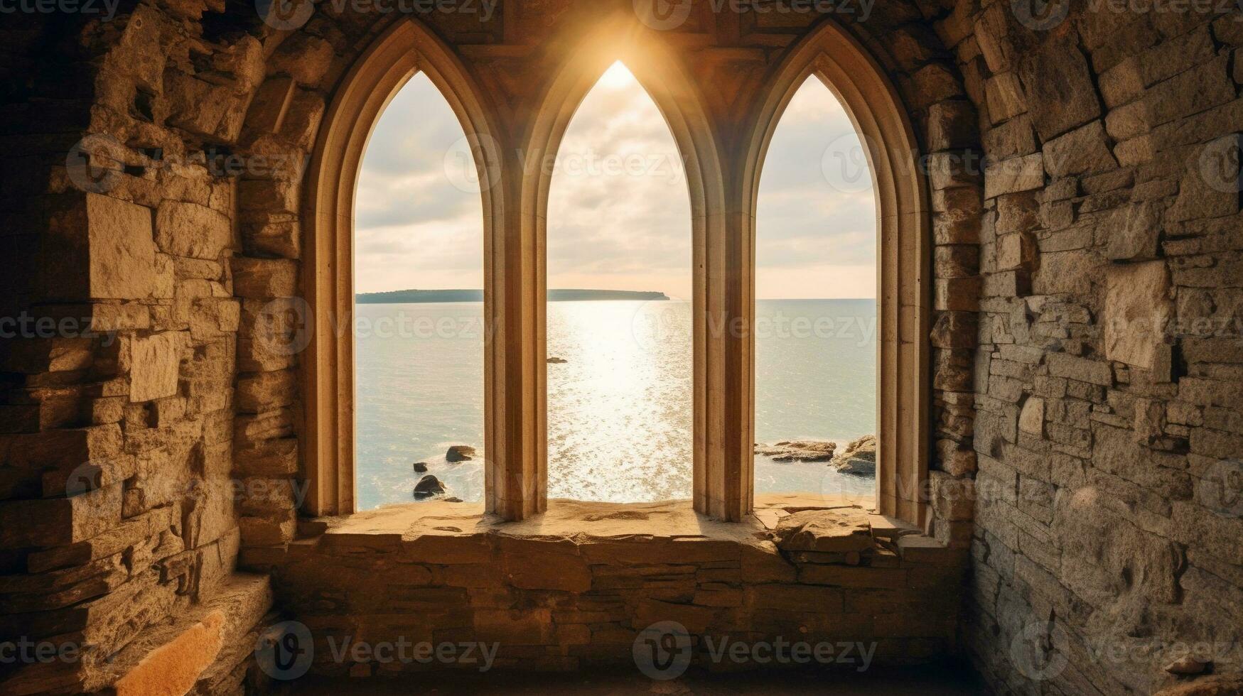 generativo ai, histórico medieval pedra arco janelas com romântico Visão do mar ou oceano, verão panorama fundo. foto