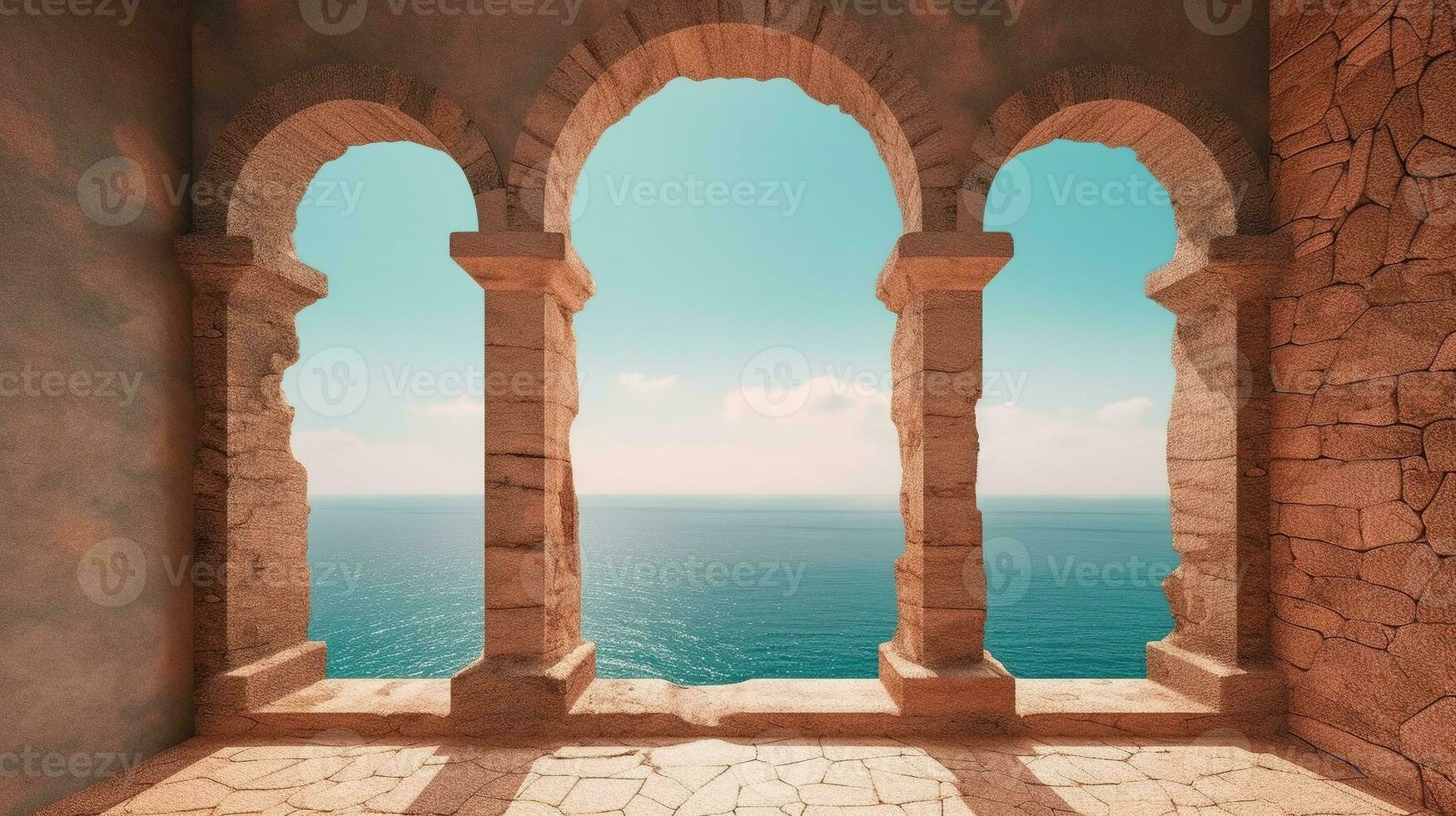 generativo ai, histórico medieval pedra arco janelas com romântico Visão do mar ou oceano, verão panorama fundo. foto