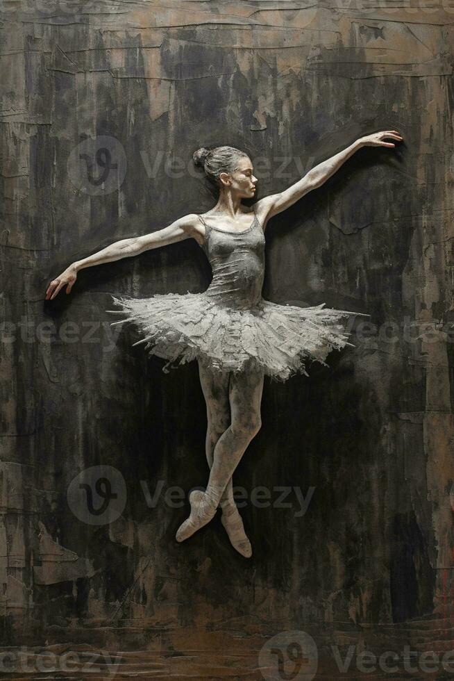 generativo ai, dançando bailarina mulher ou garota, dinâmico movimento. tinta pintura colorida salpicos rua grafite arte em uma texturizado parede, hiper realismo estilo, inspirado de banksy. foto