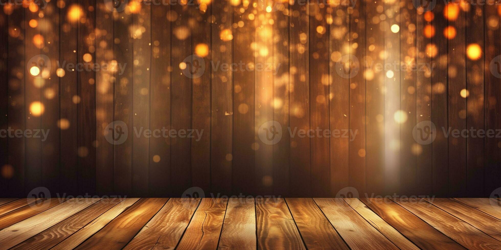 generativo ai, esvaziar de madeira mesa topo com borrado luzes bokeh fundo. foto