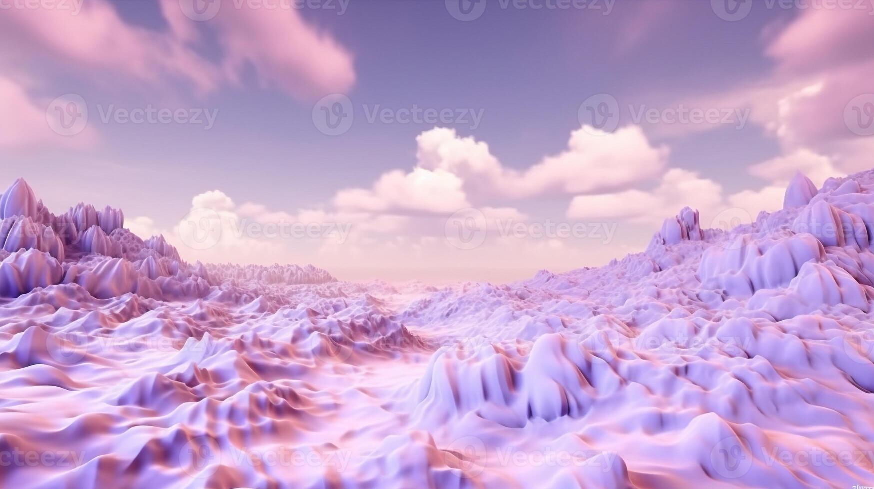 generativo ai, roxo, digital lavanda cor fantástico 3d nuvens em a chão, céu e panorama. □ Gentil cores e com brilhante luzes. foto